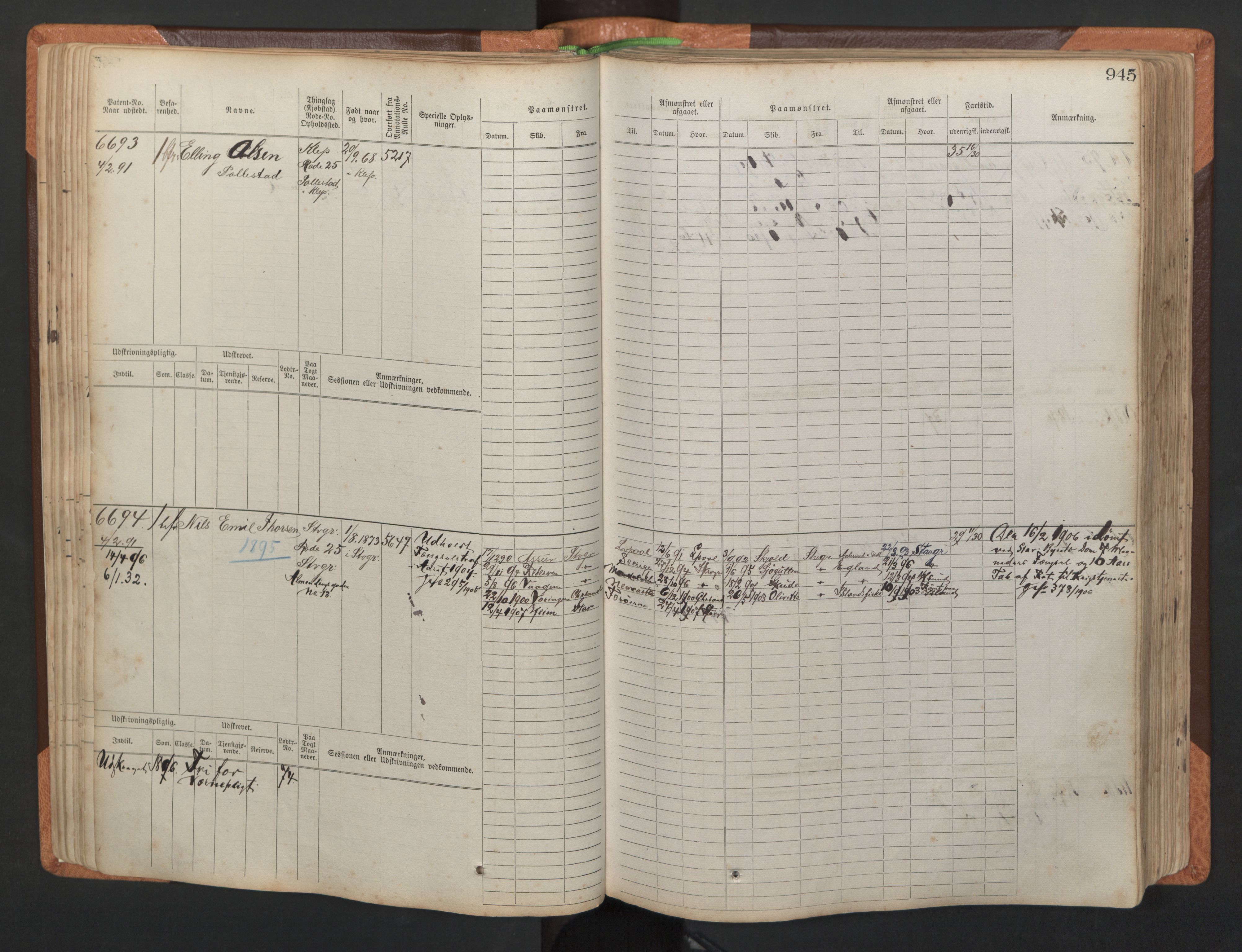 Stavanger sjømannskontor, AV/SAST-A-102006/F/Fb/Fbb/L0011: Sjøfartshovedrulle, patentnr. 6607-7206 (del 2), 1887-1896, s. 48