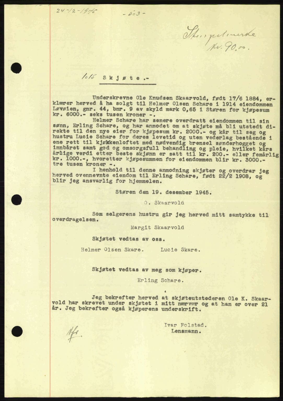 Gauldal sorenskriveri, SAT/A-0014/1/2/2C: Pantebok nr. A1a, 1945-1945, Dagboknr: 1015/1945
