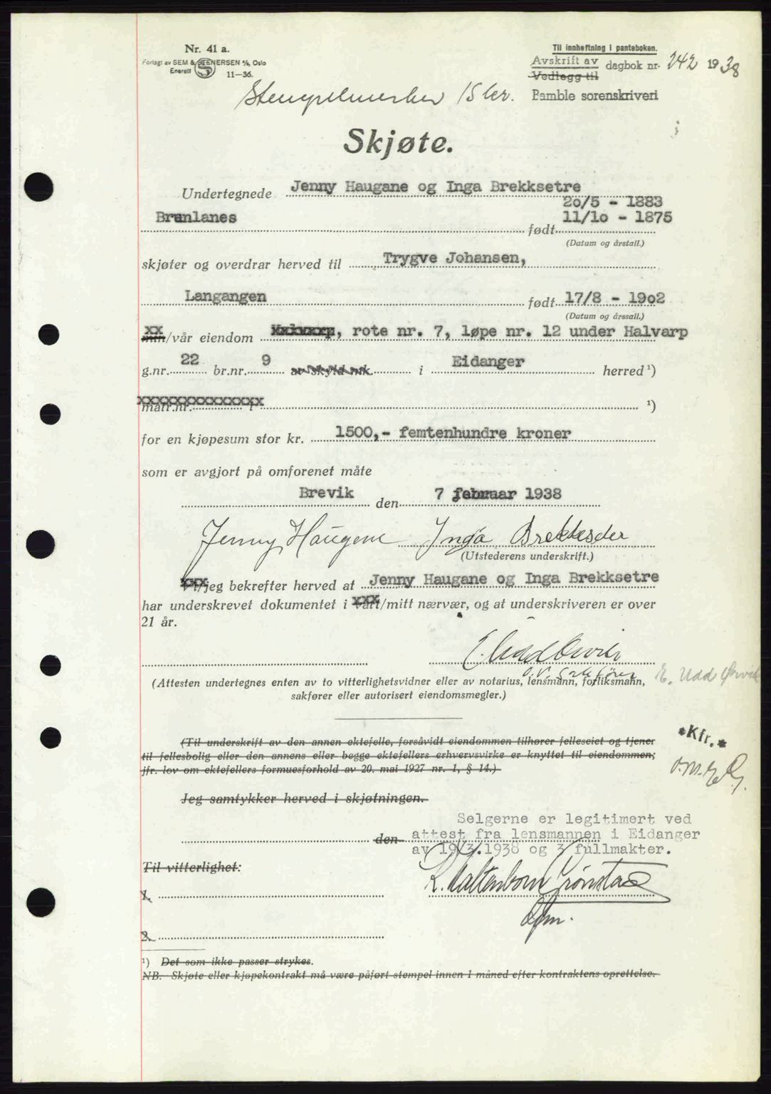 Bamble sorenskriveri, AV/SAKO-A-214/G/Ga/Gag/L0002: Pantebok nr. A-2, 1937-1938, Dagboknr: 242/1938