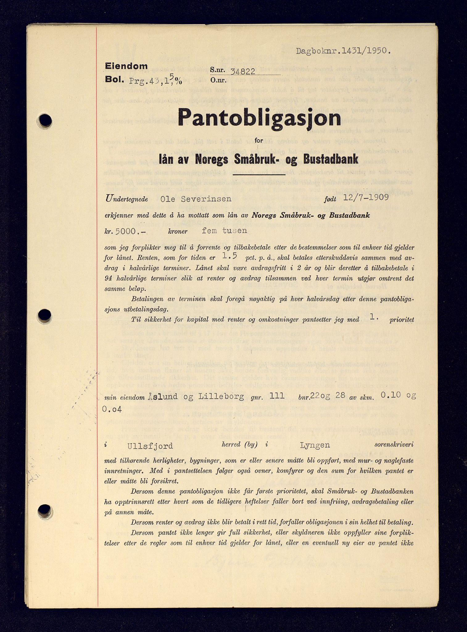 Lyngen sorenskriveri, AV/SATØ-SATØ-0052/1/G/Gf/L0003: Pantebok nr. B 40-47, 1948-1950, Dagboknr: 1431/1950