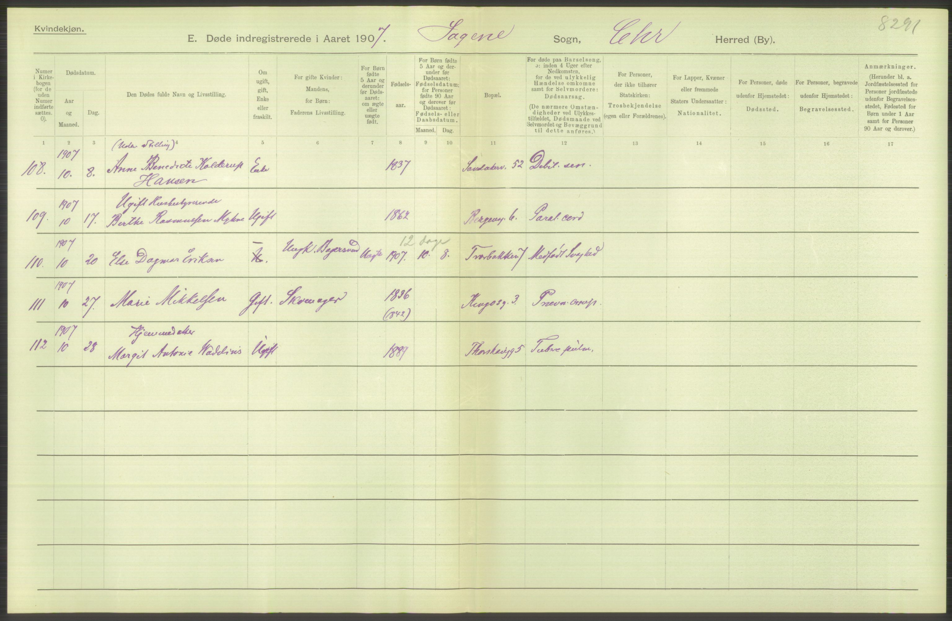 Statistisk sentralbyrå, Sosiodemografiske emner, Befolkning, RA/S-2228/D/Df/Dfa/Dfae/L0009: Kristiania: Døde, 1907, s. 34