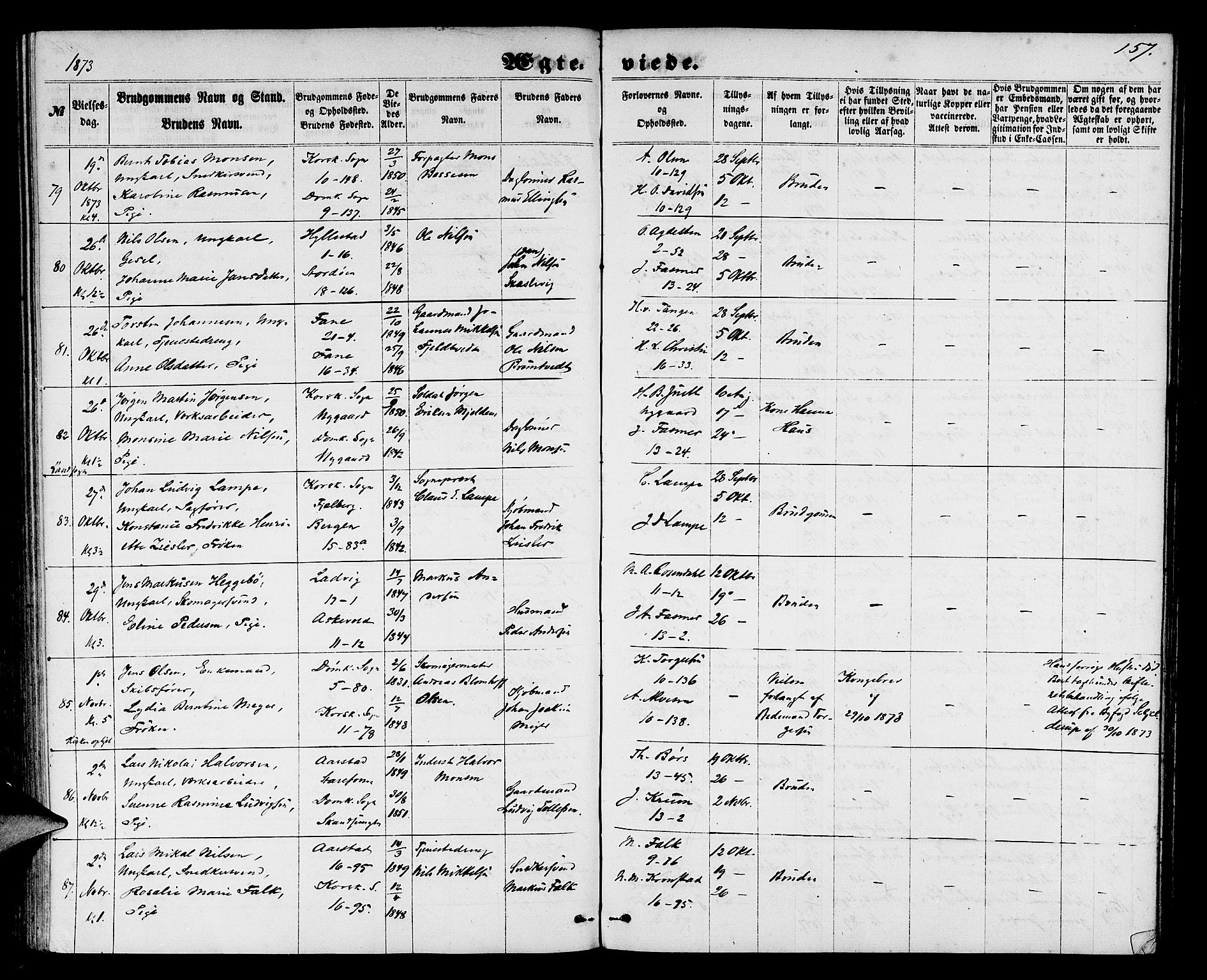 Domkirken sokneprestembete, AV/SAB-A-74801/H/Hab/L0030: Klokkerbok nr. D 2, 1857-1876, s. 157