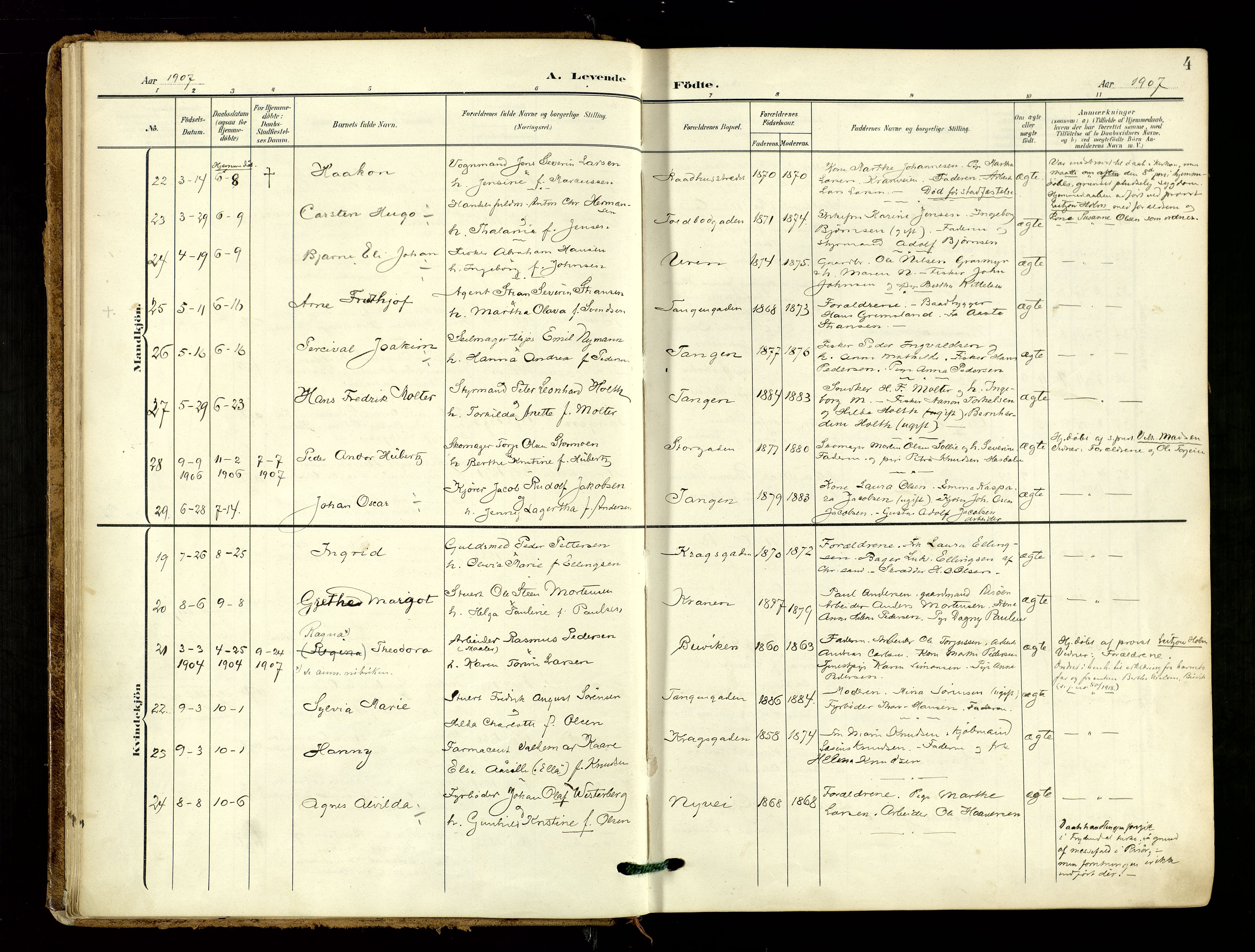 Risør sokneprestkontor, AV/SAK-1111-0035/F/Fa/L0011: Ministerialbok nr. A 11, 1907-1920, s. 4