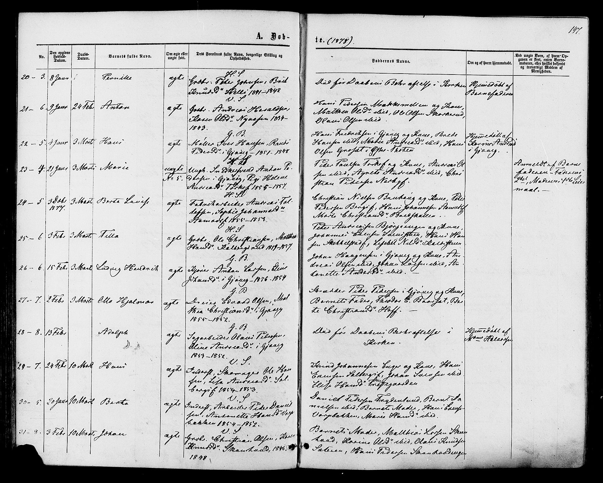 Vardal prestekontor, AV/SAH-PREST-100/H/Ha/Haa/L0007: Ministerialbok nr. 7, 1867-1878, s. 147