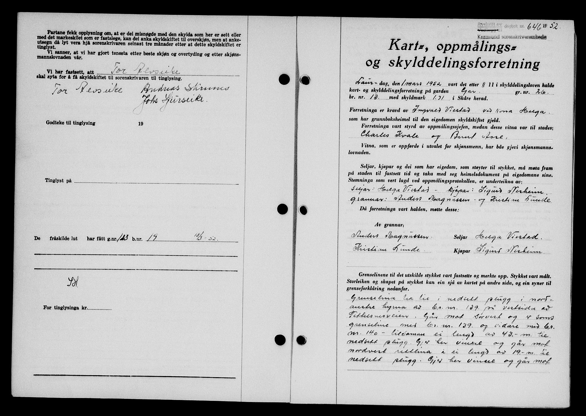 Karmsund sorenskriveri, SAST/A-100311/01/II/IIB/L0105: Pantebok nr. 85A, 1952-1952, Dagboknr: 646/1952