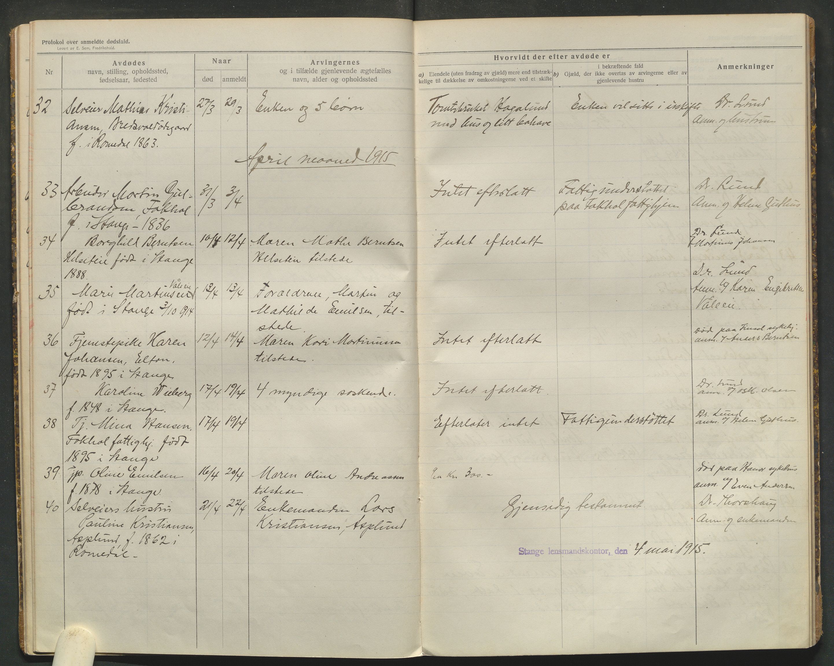 Stange lensmannskontor, AV/SAH-LHS-020/H/Ha/Haa/L0001/0002: Dødsfallsprotokoller / Dødsfallsprotokoll, 1914-1918