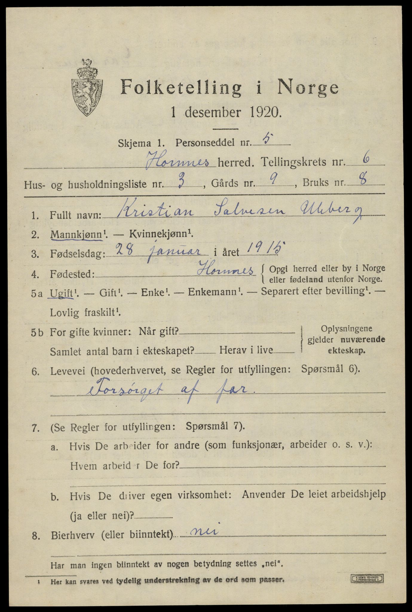 SAK, Folketelling 1920 for 0936 Hornnes herred, 1920, s. 1585