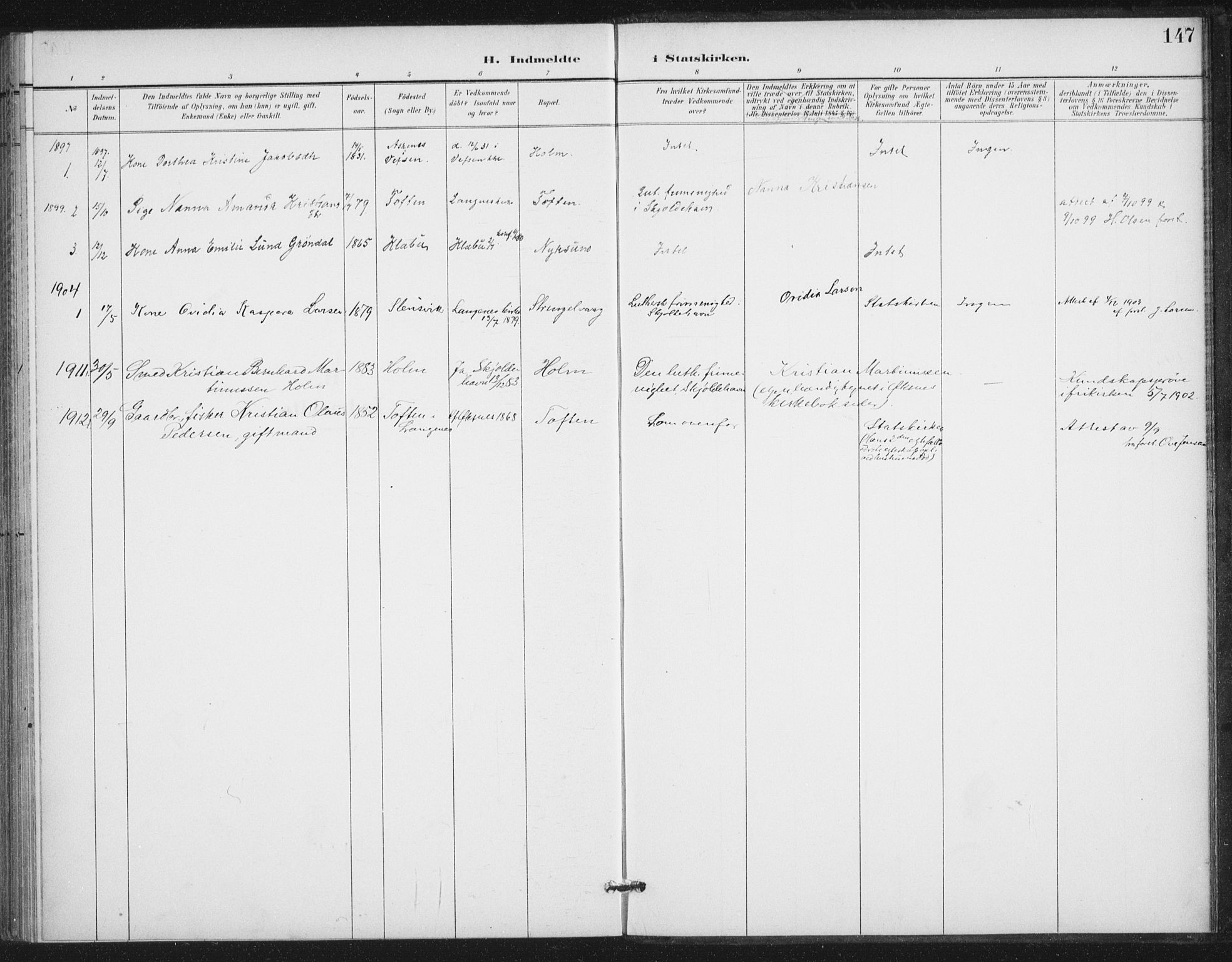 Ministerialprotokoller, klokkerbøker og fødselsregistre - Nordland, AV/SAT-A-1459/894/L1356: Ministerialbok nr. 894A02, 1897-1914, s. 147