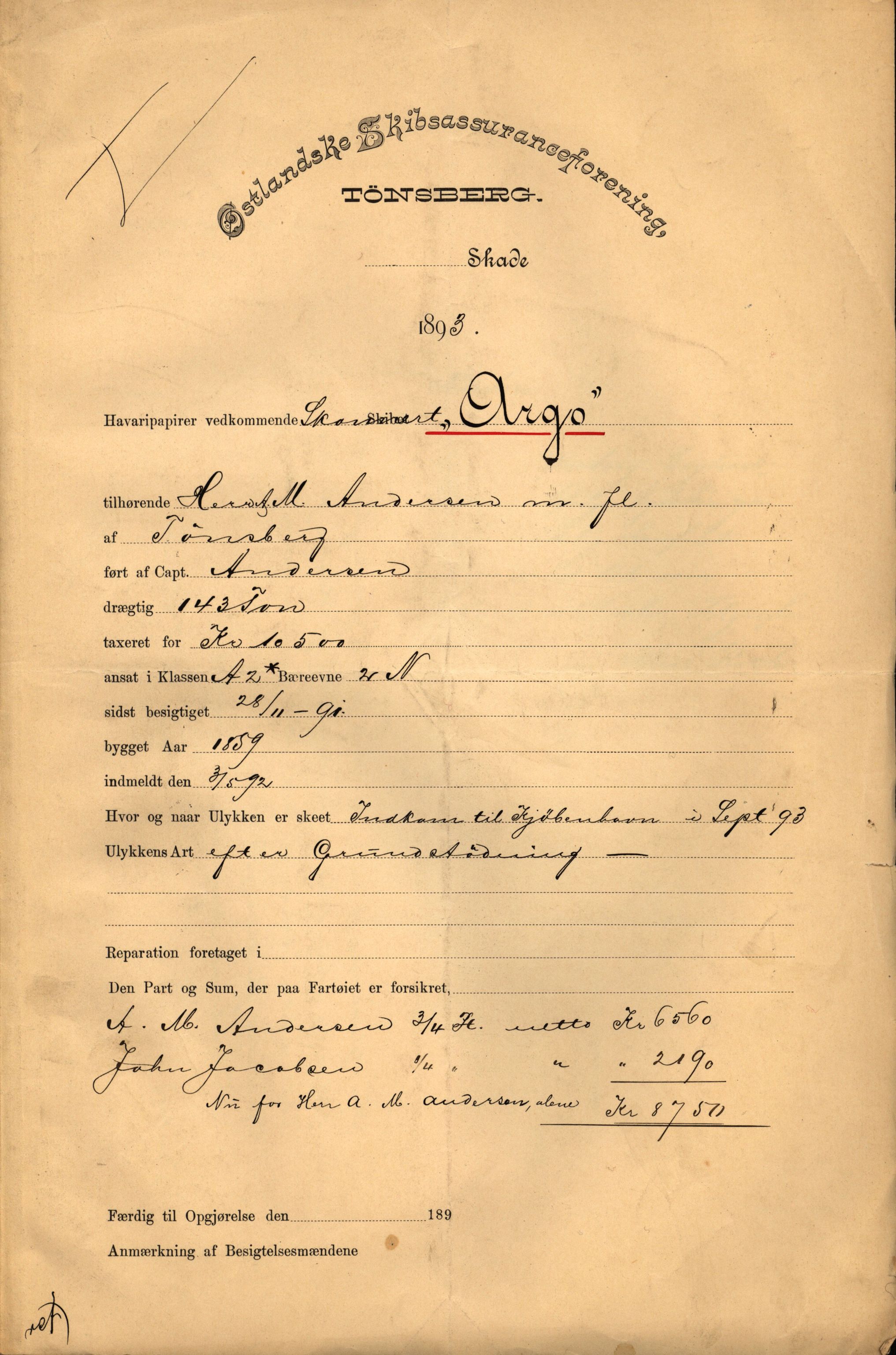 Pa 63 - Østlandske skibsassuranceforening, VEMU/A-1079/G/Ga/L0029/0008: Havaridokumenter / Broderfolket, Amthill, Argo, Axel, 1893, s. 15