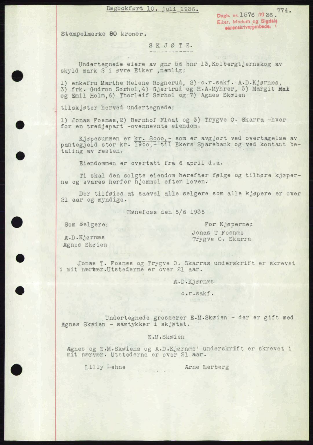 Eiker, Modum og Sigdal sorenskriveri, SAKO/A-123/G/Ga/Gab/L0032: Pantebok nr. A2, 1936-1936, Dagboknr: 1576/1936