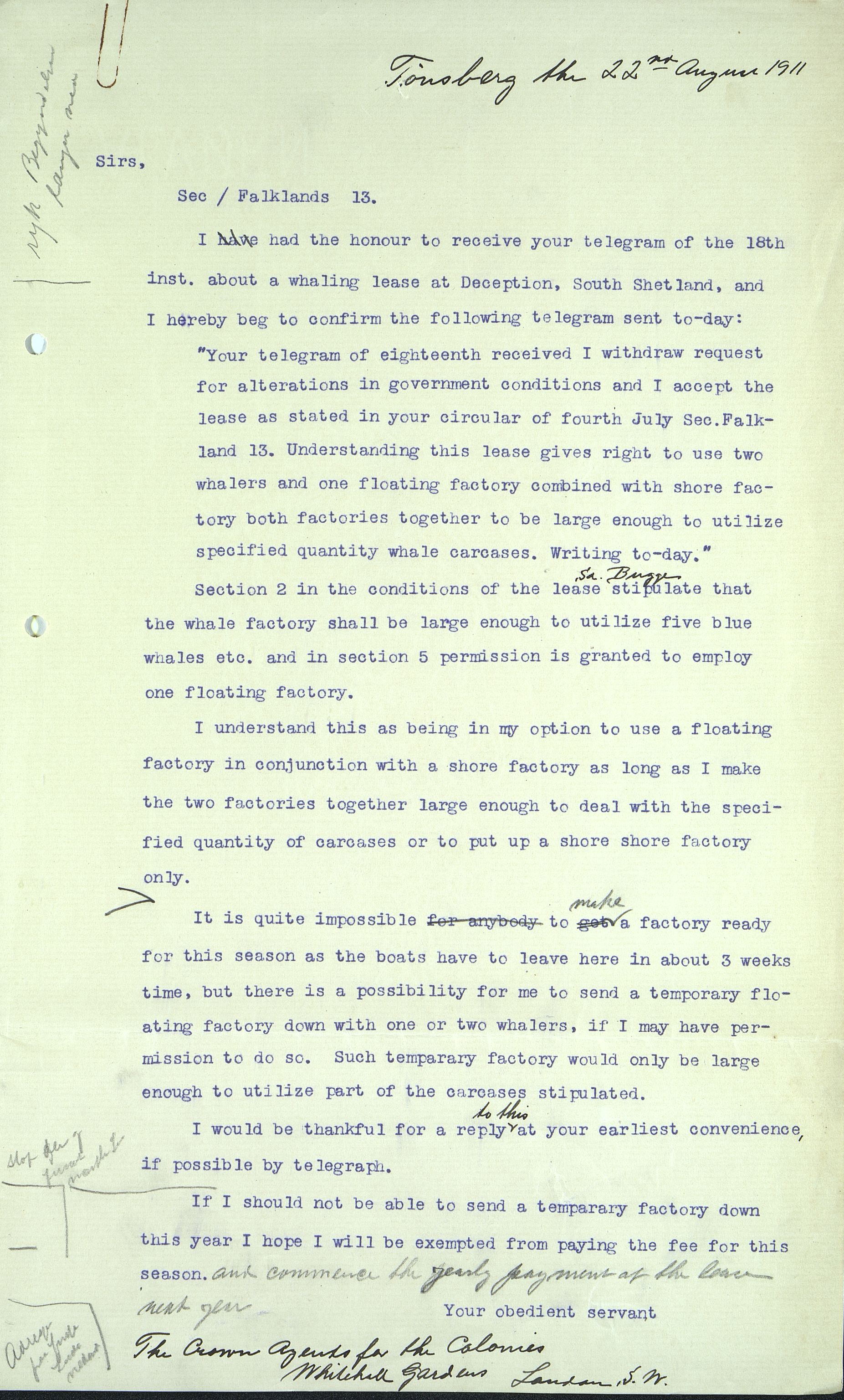 Pa 258 - N. Bugge AS, VEMU/A-1326/E/Ea/L0001/0001: Lisensavtaler og korrespondanse med Britiske myndigheter / The Crown Agents for the Colonies, 1911-1920