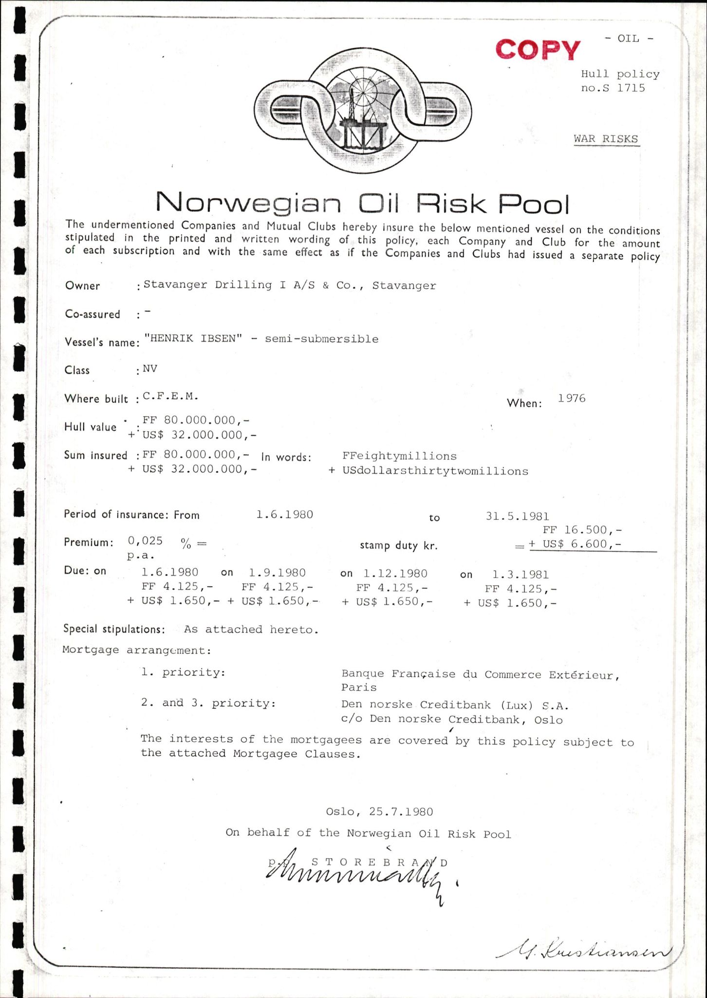 Pa 1503 - Stavanger Drilling AS, AV/SAST-A-101906/2/E/Ec/Eca/L0010: Forsikring, 1976-1983