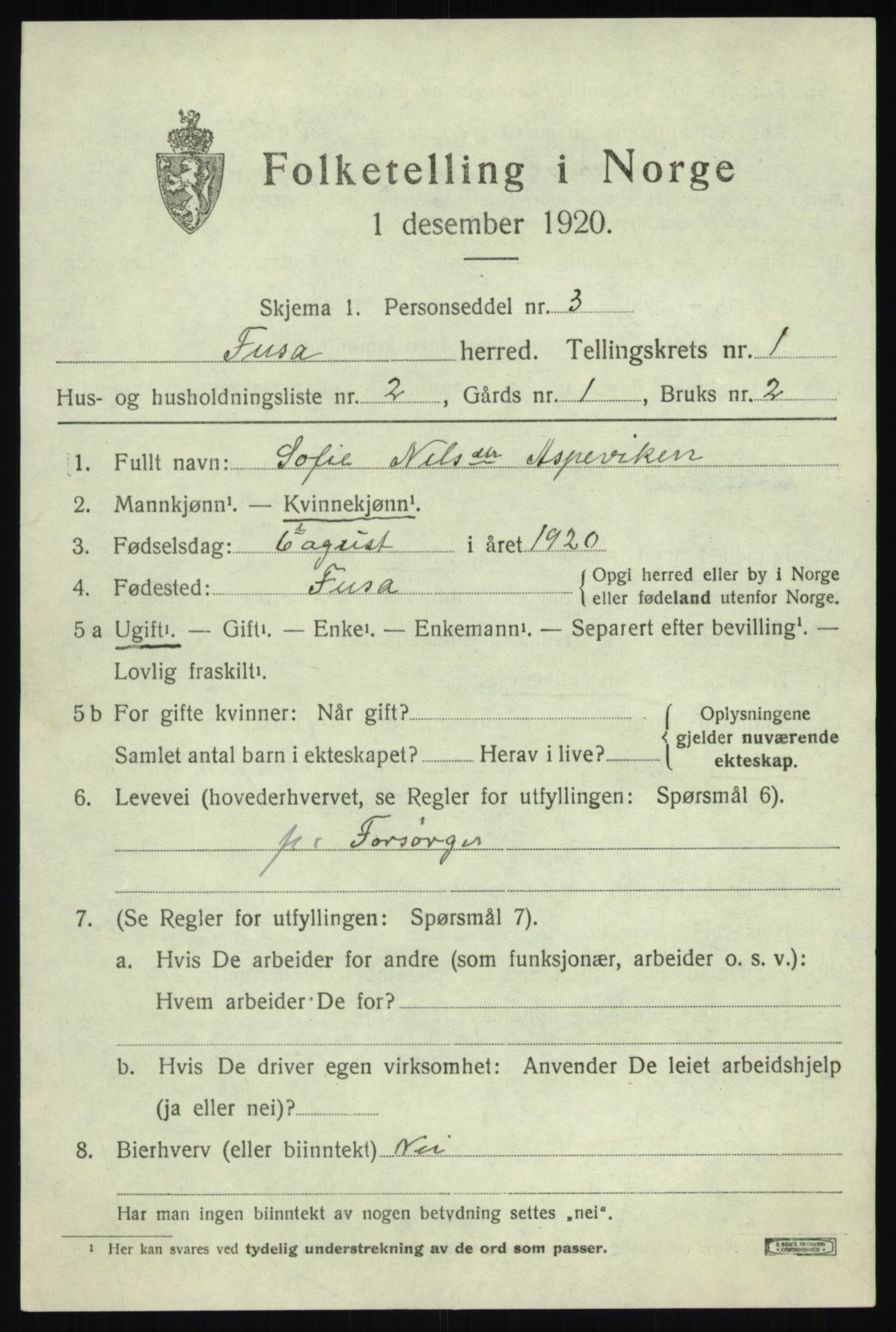 SAB, Folketelling 1920 for 1241 Fusa herred, 1920, s. 457