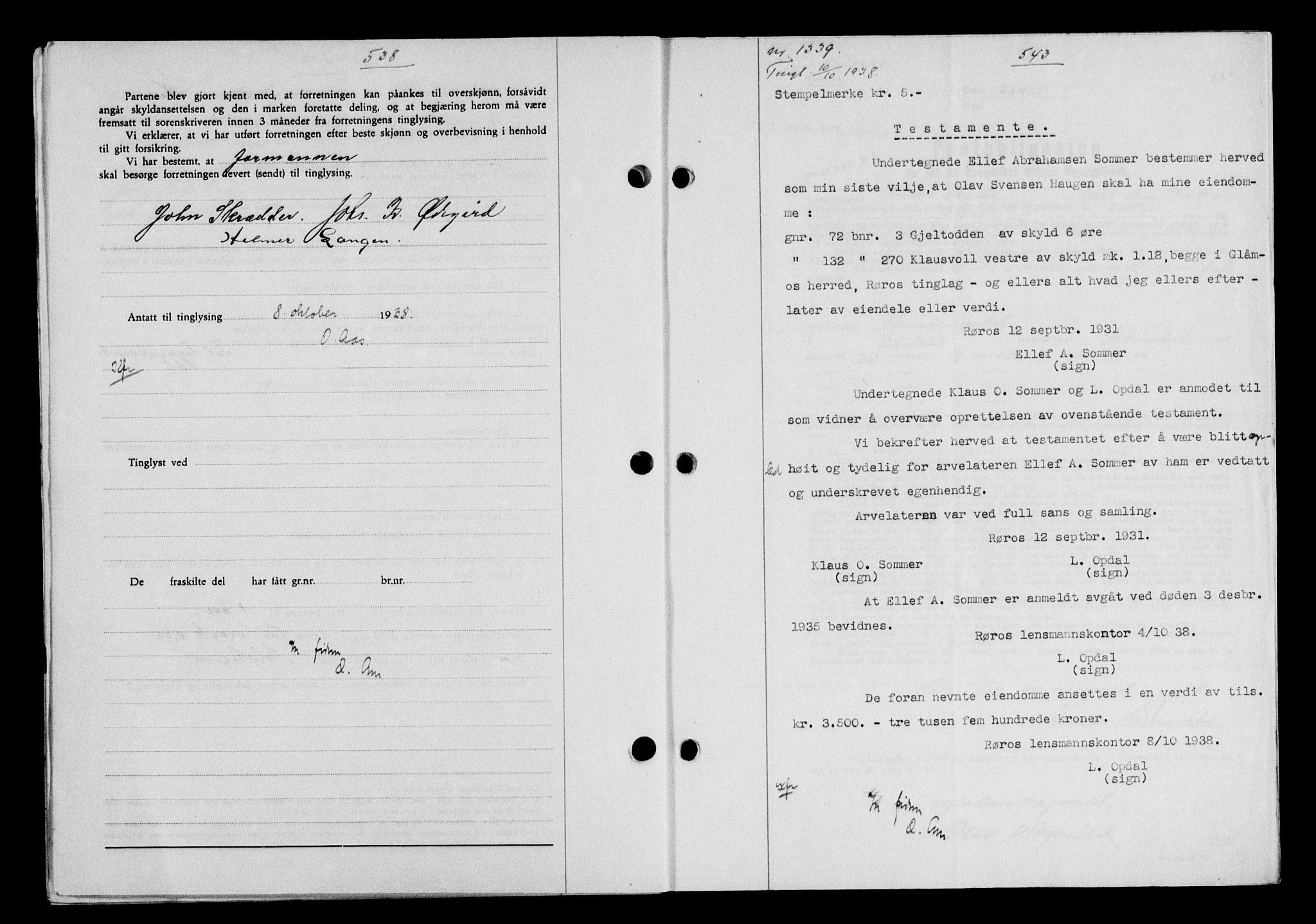 Gauldal sorenskriveri, SAT/A-0014/1/2/2C/L0049: Pantebok nr. 53, 1938-1938, Dagboknr: 1339/1938