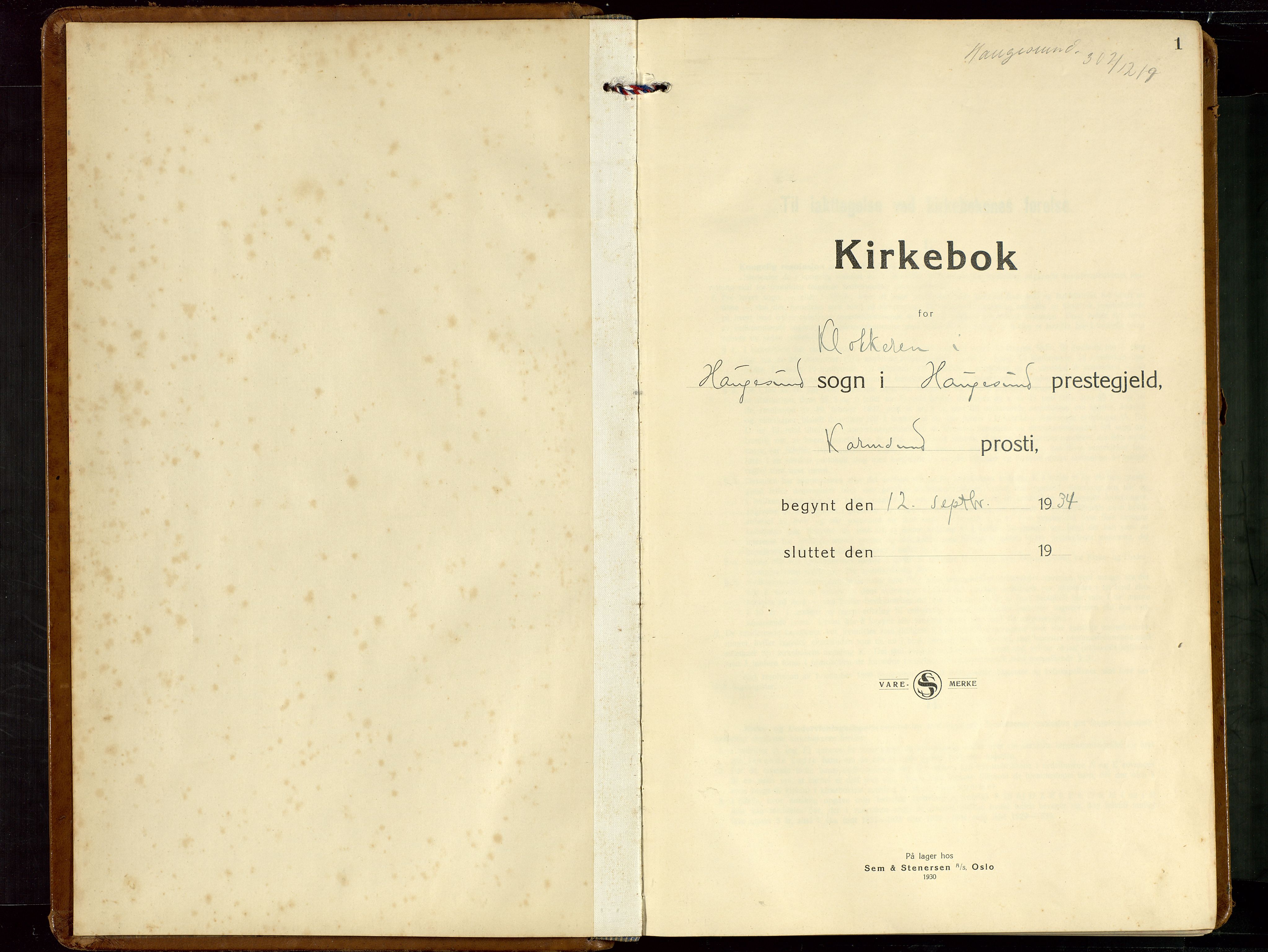 Haugesund sokneprestkontor, AV/SAST-A -101863/H/Ha/Hab/L0013: Klokkerbok nr. B 13, 1931-1943, s. 1