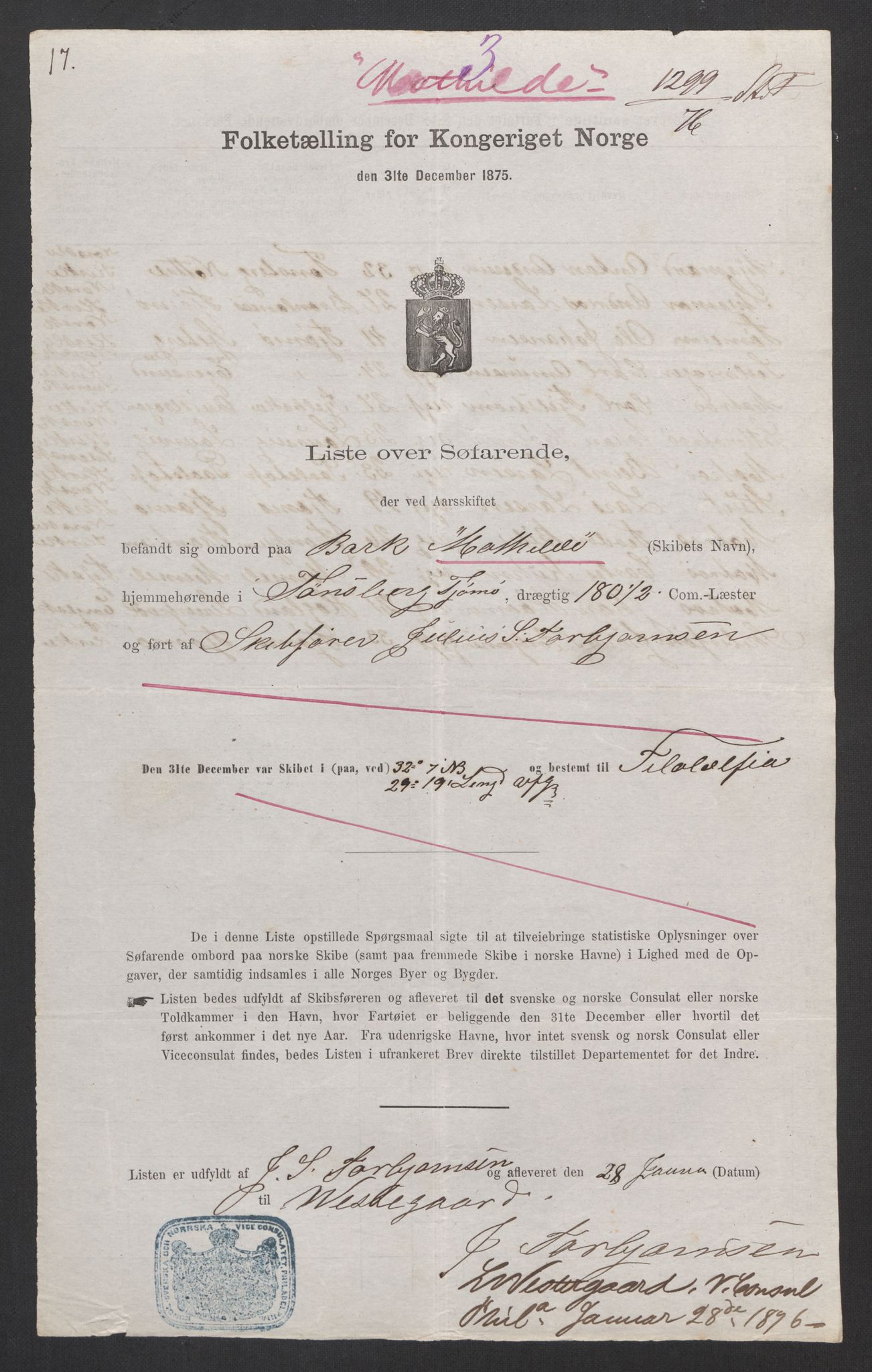 RA, Folketelling 1875, skipslister: Skip i utenrikske havner, hjemmehørende i 1) byer og ladesteder, Grimstad - Tromsø, 2) landdistrikter, 1875, s. 1130