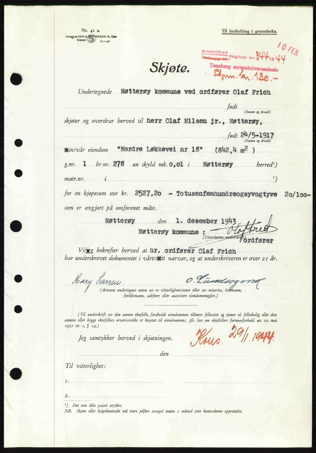 Tønsberg sorenskriveri, AV/SAKO-A-130/G/Ga/Gaa/L0014: Pantebok nr. A14, 1943-1944, Dagboknr: 344/1944