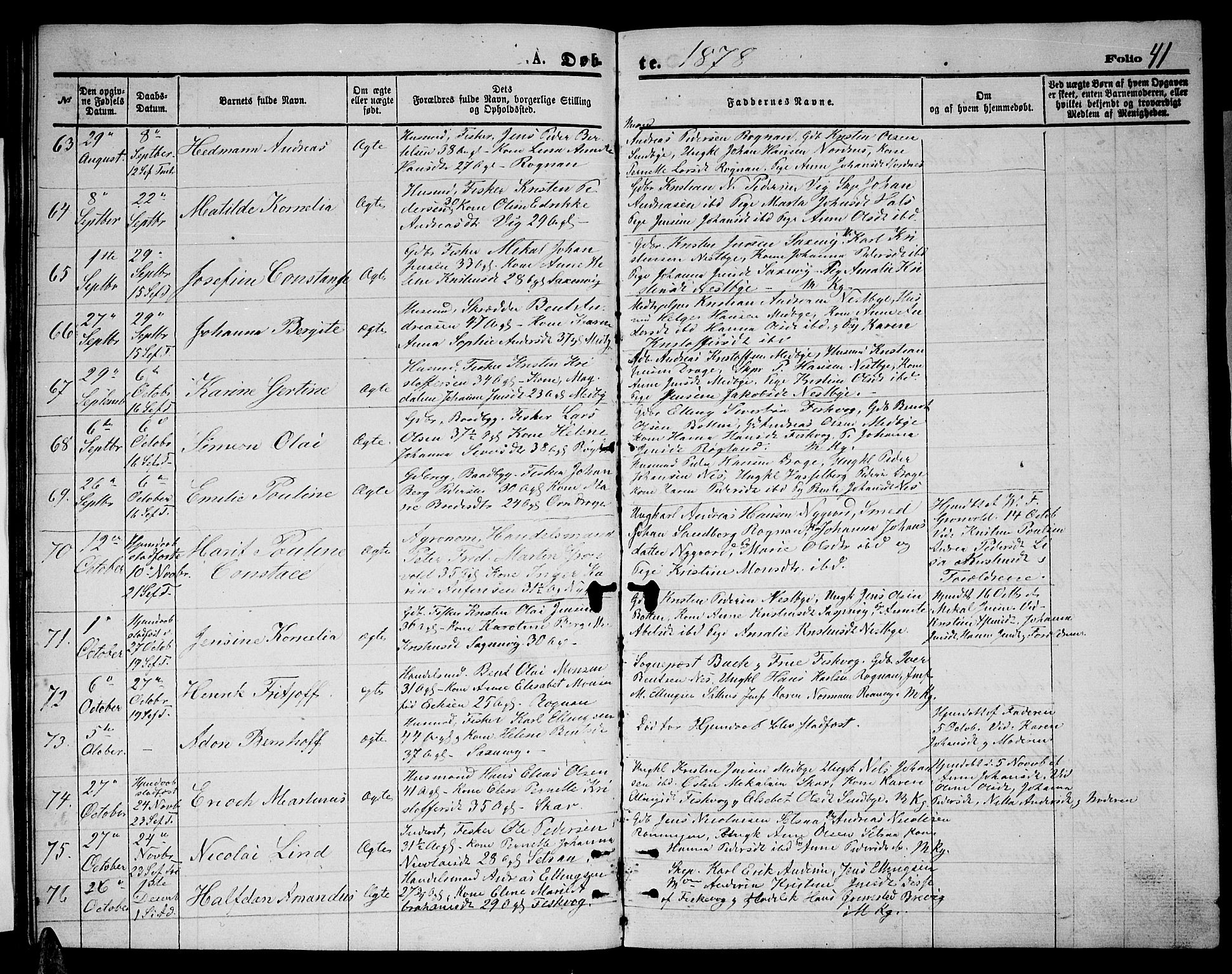 Ministerialprotokoller, klokkerbøker og fødselsregistre - Nordland, AV/SAT-A-1459/847/L0679: Klokkerbok nr. 847C07, 1870-1888, s. 41