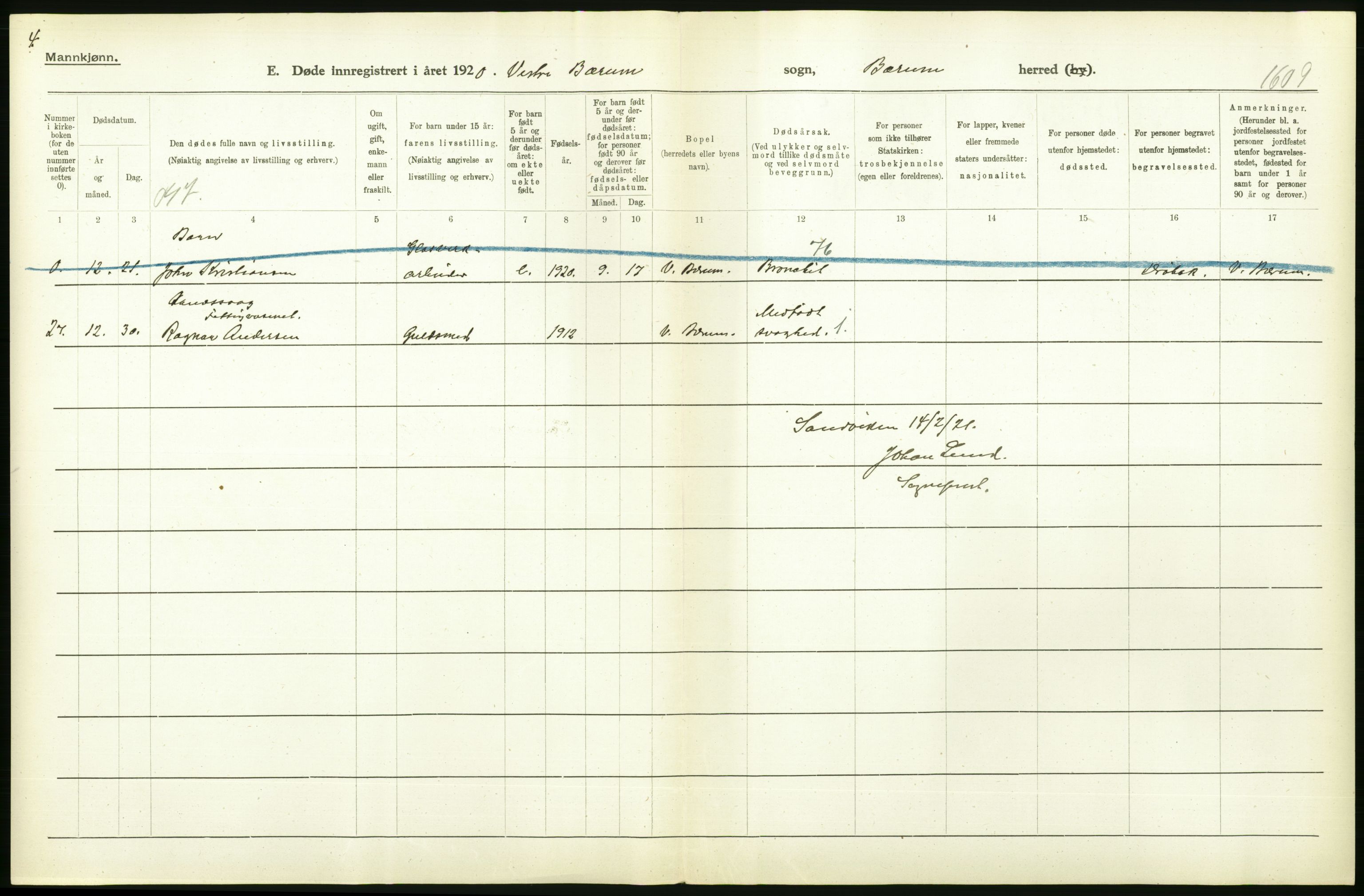 Statistisk sentralbyrå, Sosiodemografiske emner, Befolkning, RA/S-2228/D/Df/Dfb/Dfbj/L0007: Akershus fylke: Døde. Bygder og byer., 1920, s. 112