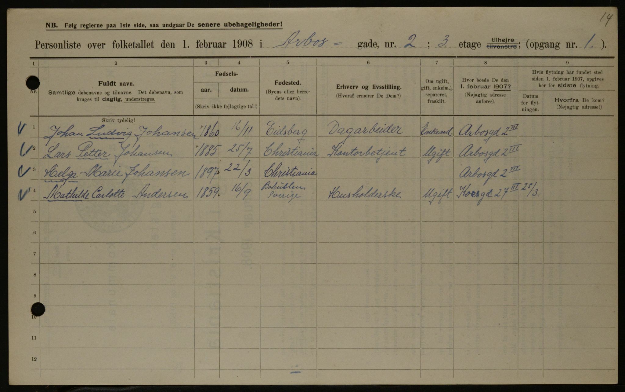 OBA, Kommunal folketelling 1.2.1908 for Kristiania kjøpstad, 1908, s. 2025