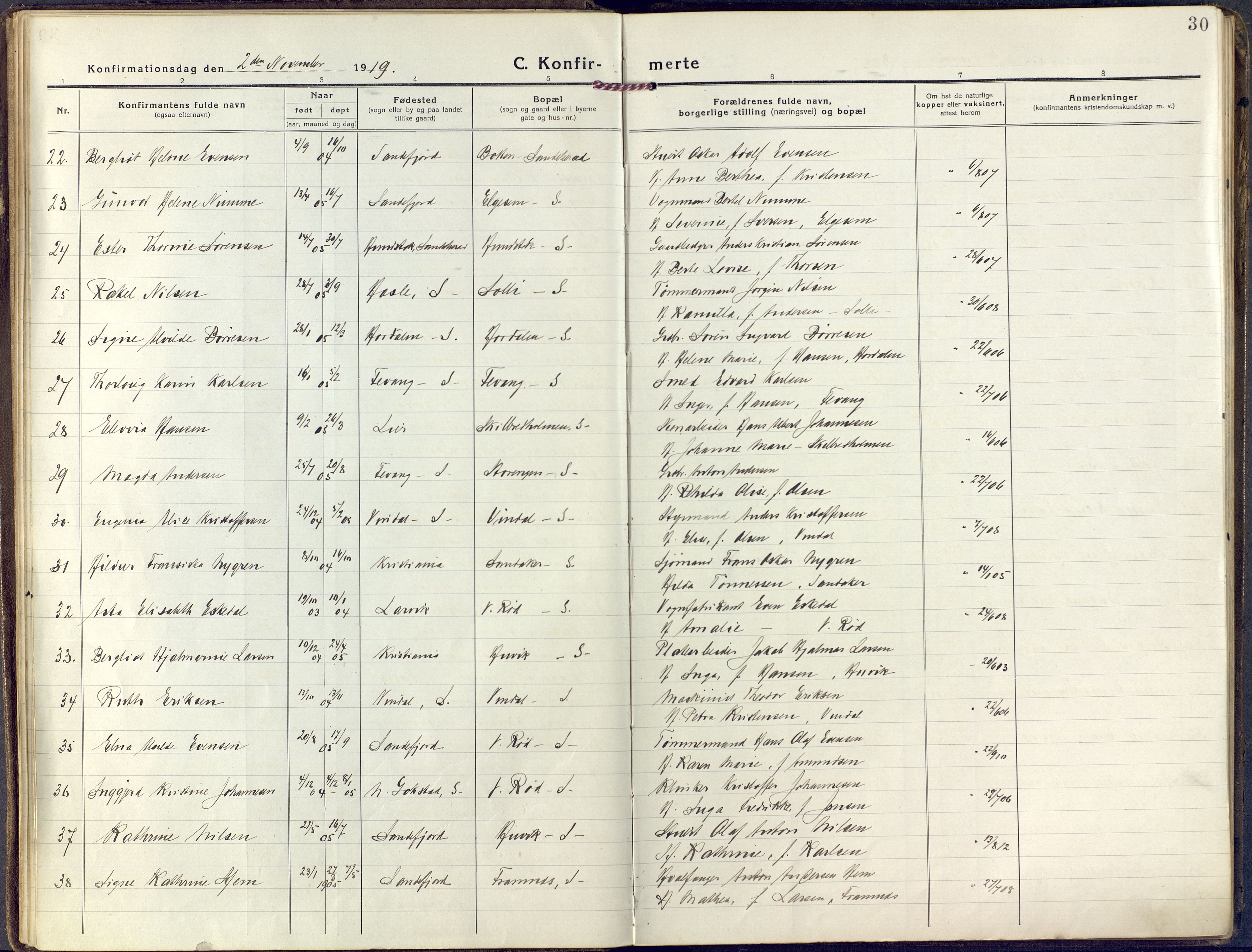 Sandar kirkebøker, AV/SAKO-A-243/F/Fa/L0018: Ministerialbok nr. 18, 1917-1926, s. 30
