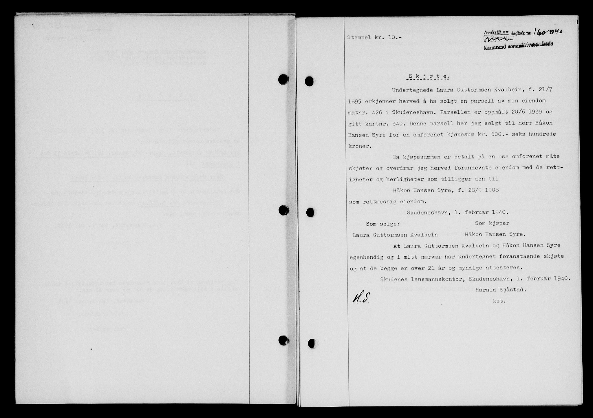 Karmsund sorenskriveri, SAST/A-100311/01/II/IIB/L0072: Pantebok nr. 53A, 1939-1940, Dagboknr: 160/1940
