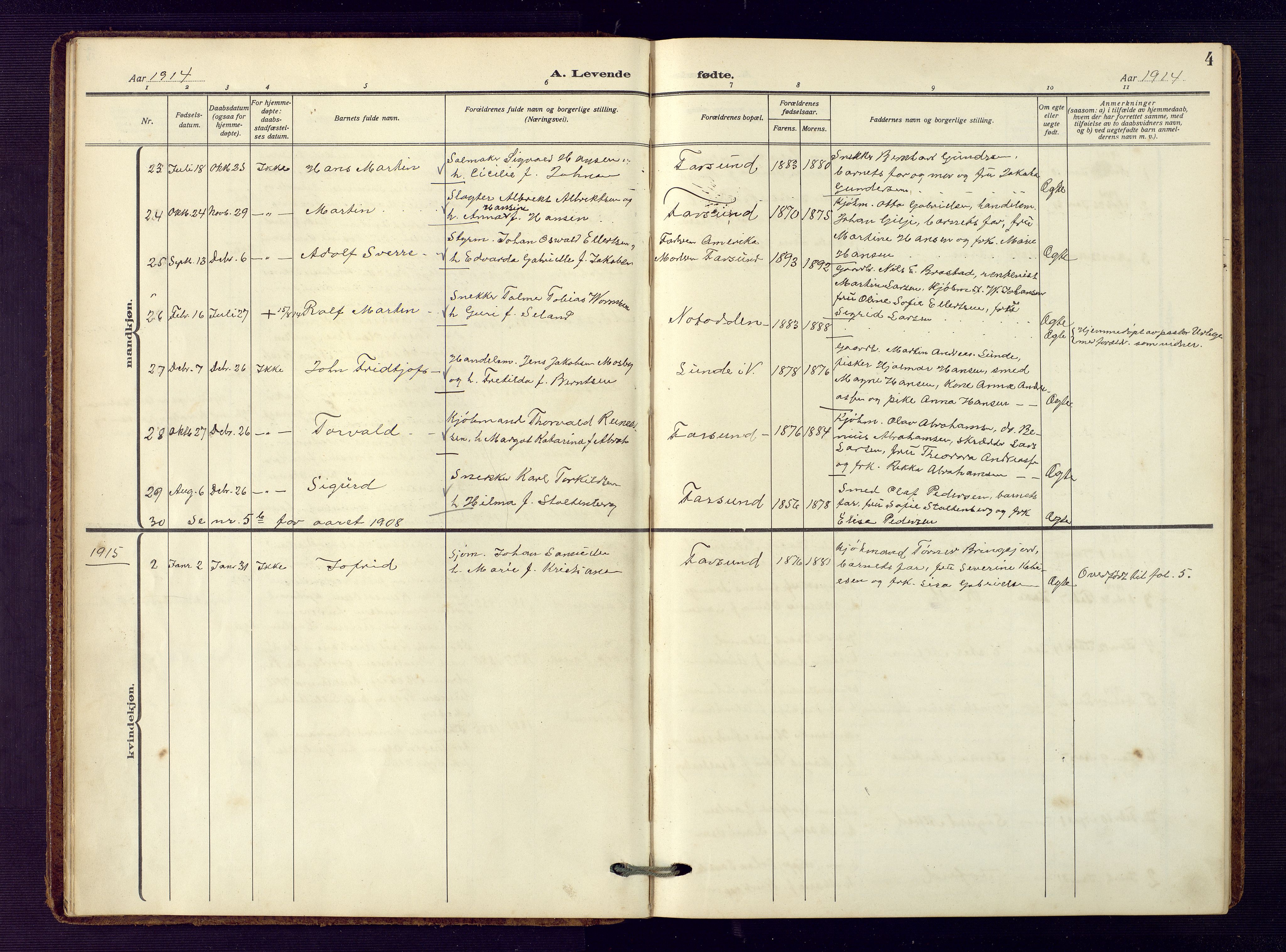 Farsund sokneprestkontor, AV/SAK-1111-0009/F/Fb/L0002: Klokkerbok nr. B 2, 1914-1958, s. 4