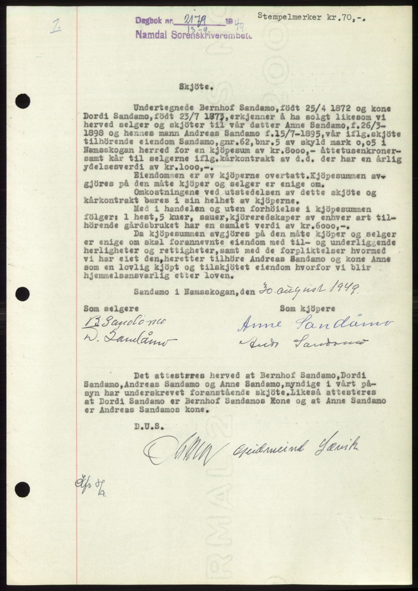 Namdal sorenskriveri, SAT/A-4133/1/2/2C: Pantebok nr. -, 1949-1949, Dagboknr: 2179/1949