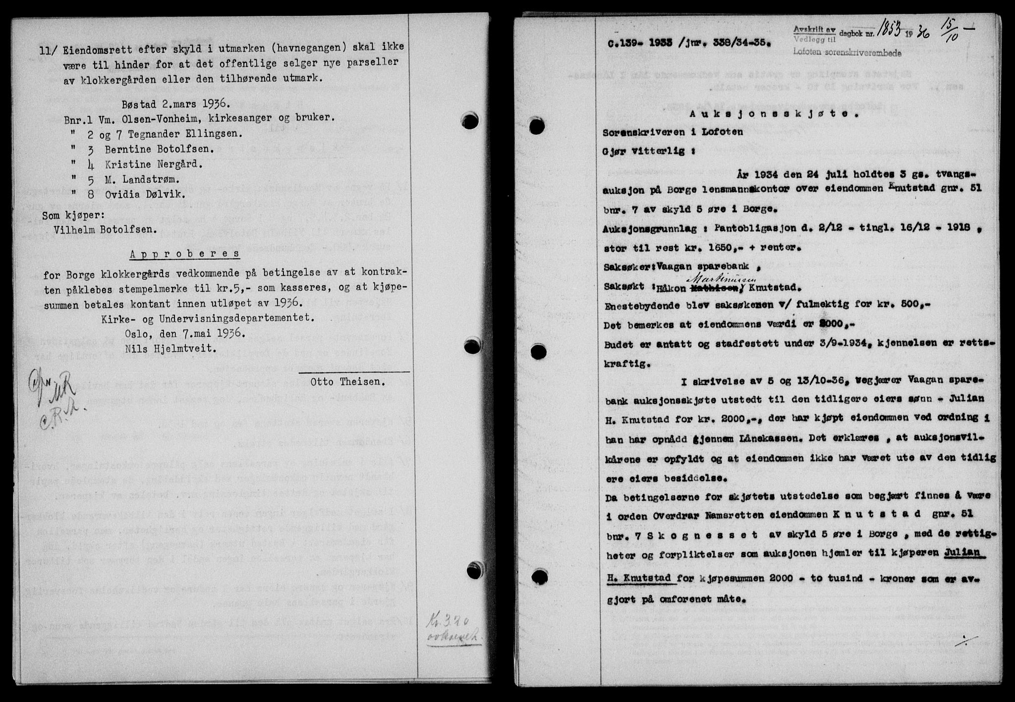 Lofoten sorenskriveri, SAT/A-0017/1/2/2C/L0001a: Pantebok nr. 1a, 1936-1937, Dagboknr: 1853/1936