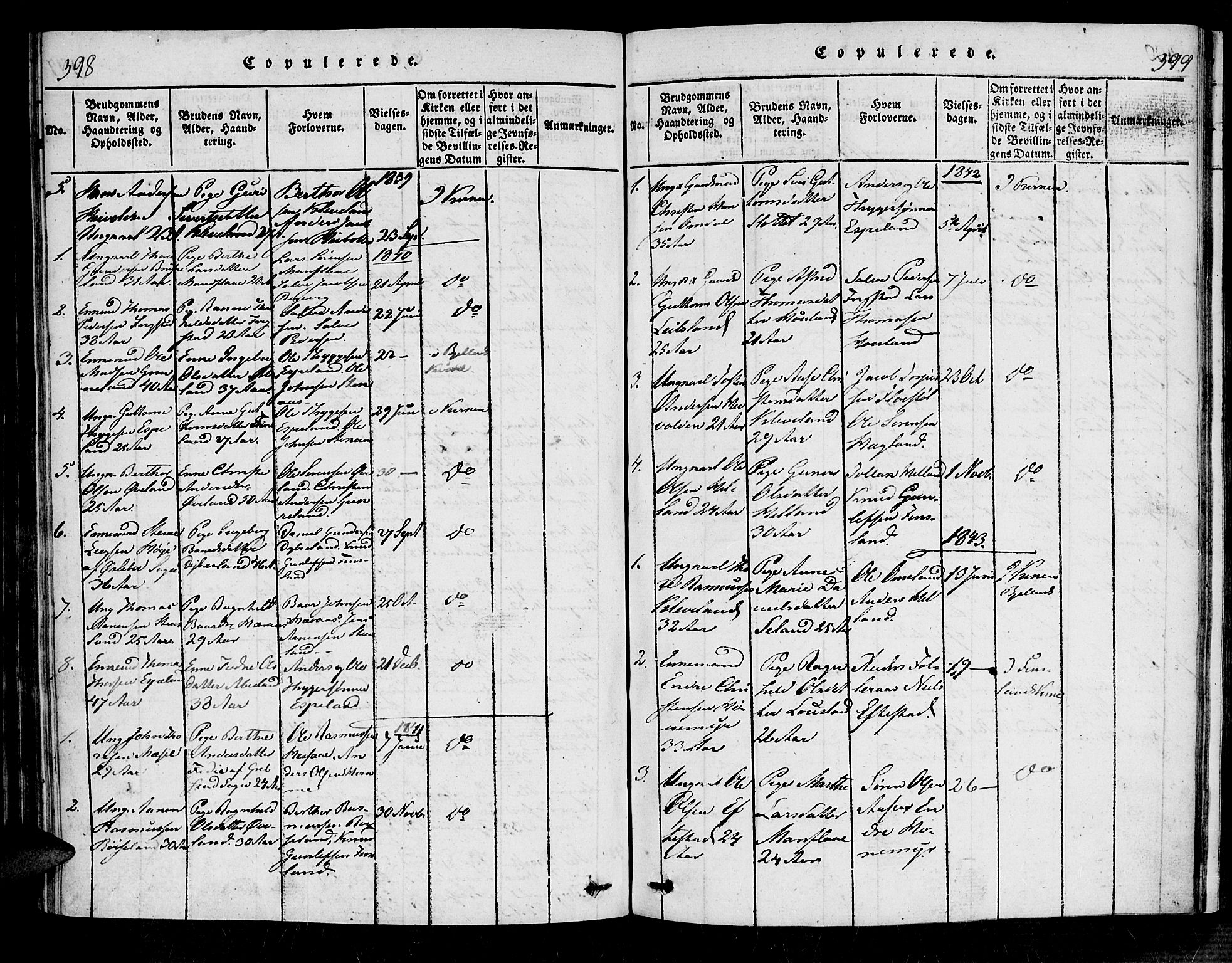 Bjelland sokneprestkontor, SAK/1111-0005/F/Fa/Fab/L0002: Ministerialbok nr. A 2, 1816-1869, s. 398-399