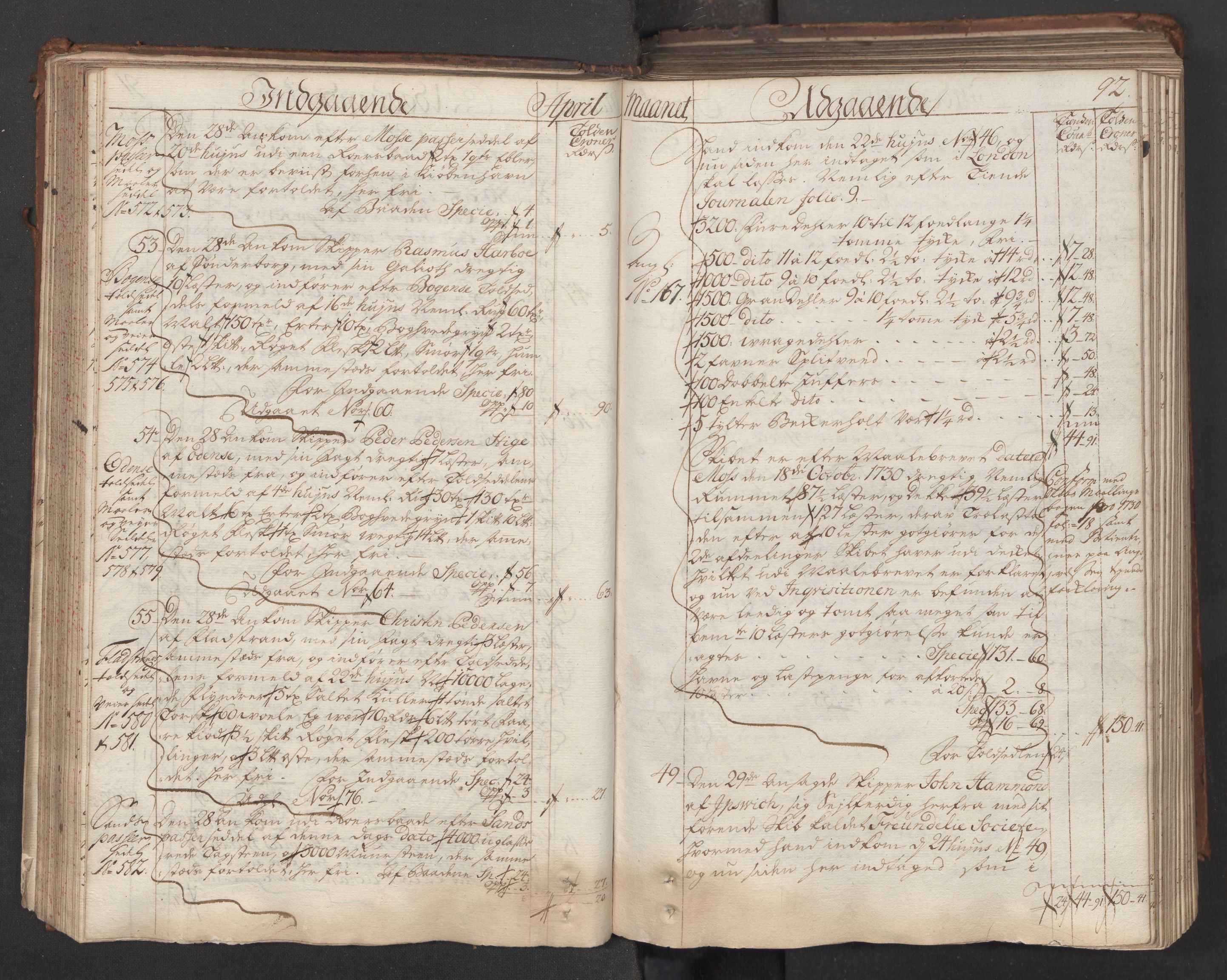 Generaltollkammeret, tollregnskaper, AV/RA-EA-5490/R06/L0015/0001: Tollregnskaper Kristiania / Hovedtollbok, 1733, s. 91b-92a