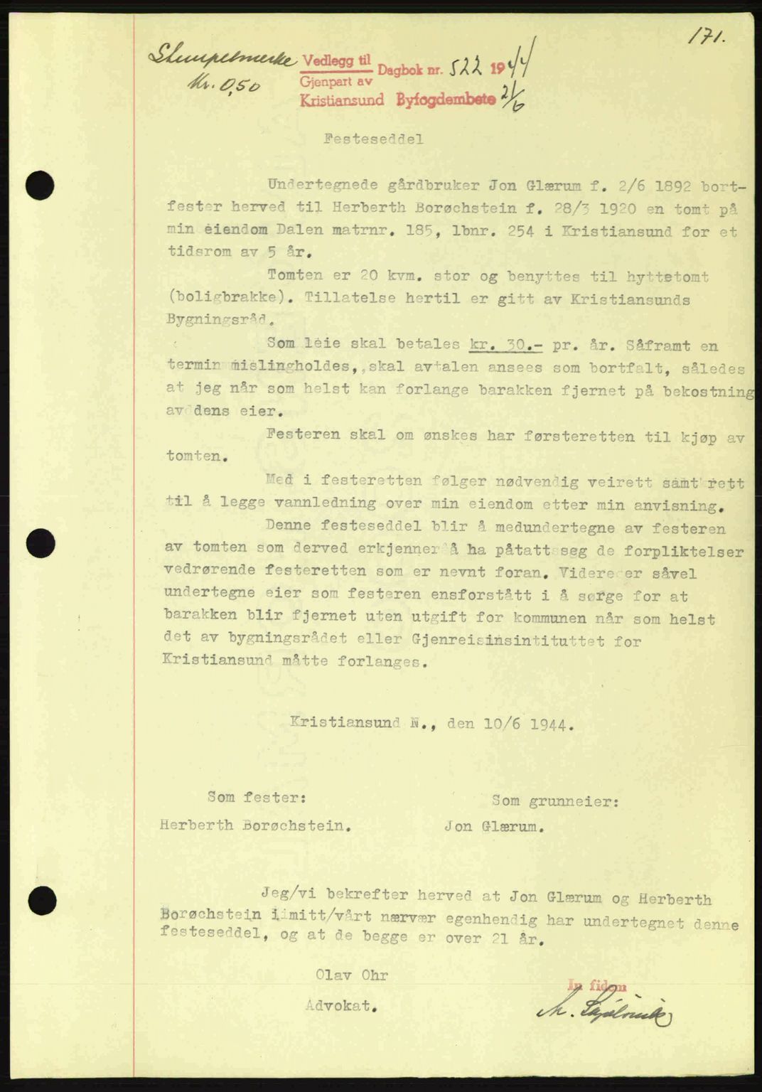 Kristiansund byfogd, AV/SAT-A-4587/A/27: Pantebok nr. 37-38, 1943-1945, Dagboknr: 522/1944