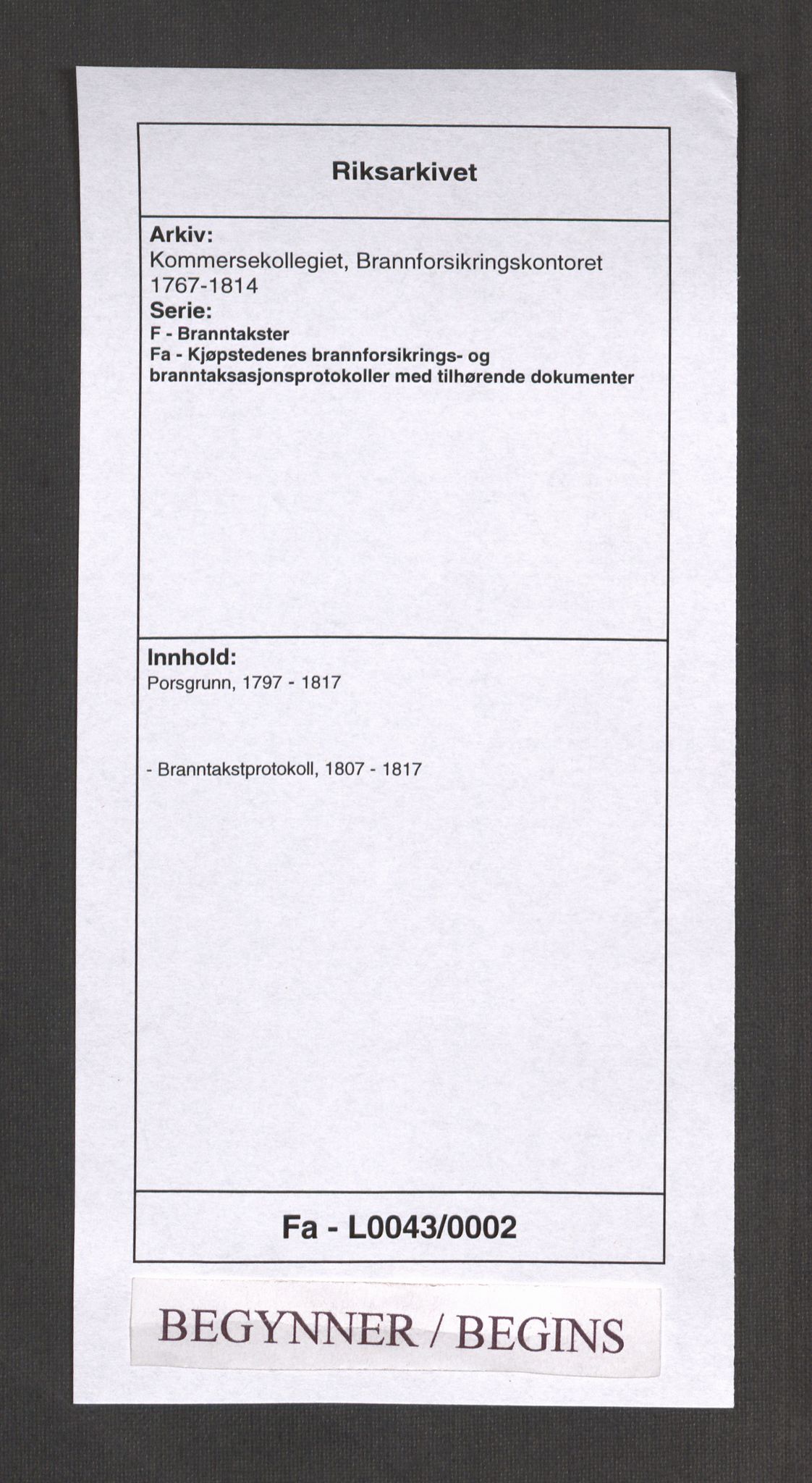 Kommersekollegiet, Brannforsikringskontoret 1767-1814, RA/EA-5458/F/Fa/L0043/0002: Porsgrunn / Branntakstprotokoll, 1807-1817
