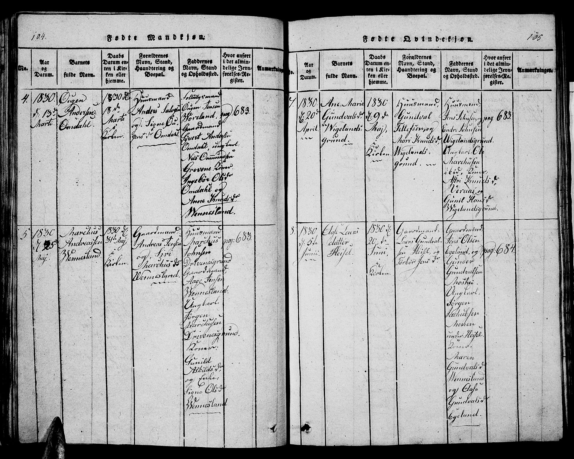 Vennesla sokneprestkontor, AV/SAK-1111-0045/Fb/Fbb/L0001: Klokkerbok nr. B 1, 1820-1834, s. 104-105