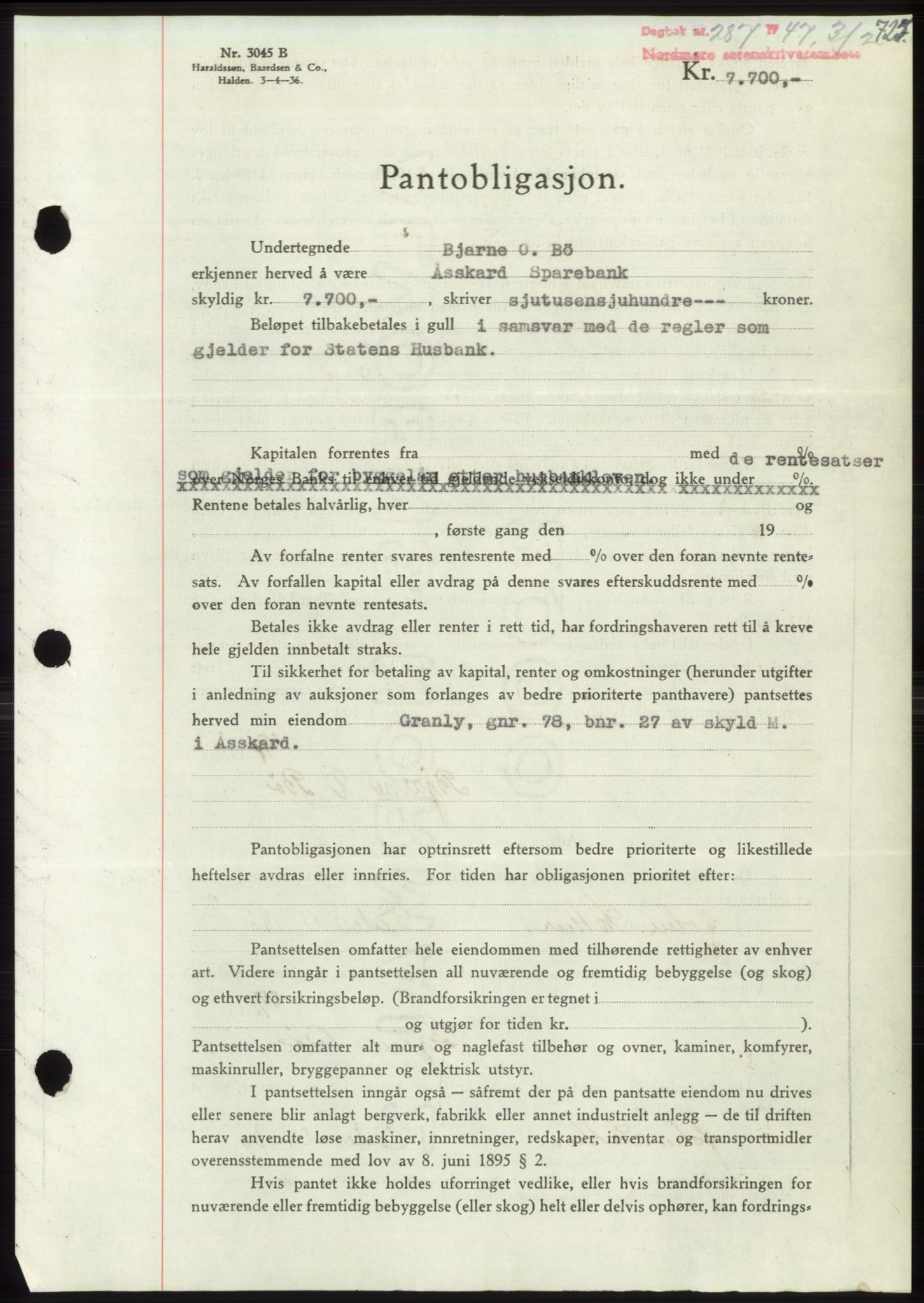 Nordmøre sorenskriveri, SAT/A-4132/1/2/2Ca: Pantebok nr. B95, 1946-1947, Dagboknr: 287/1947