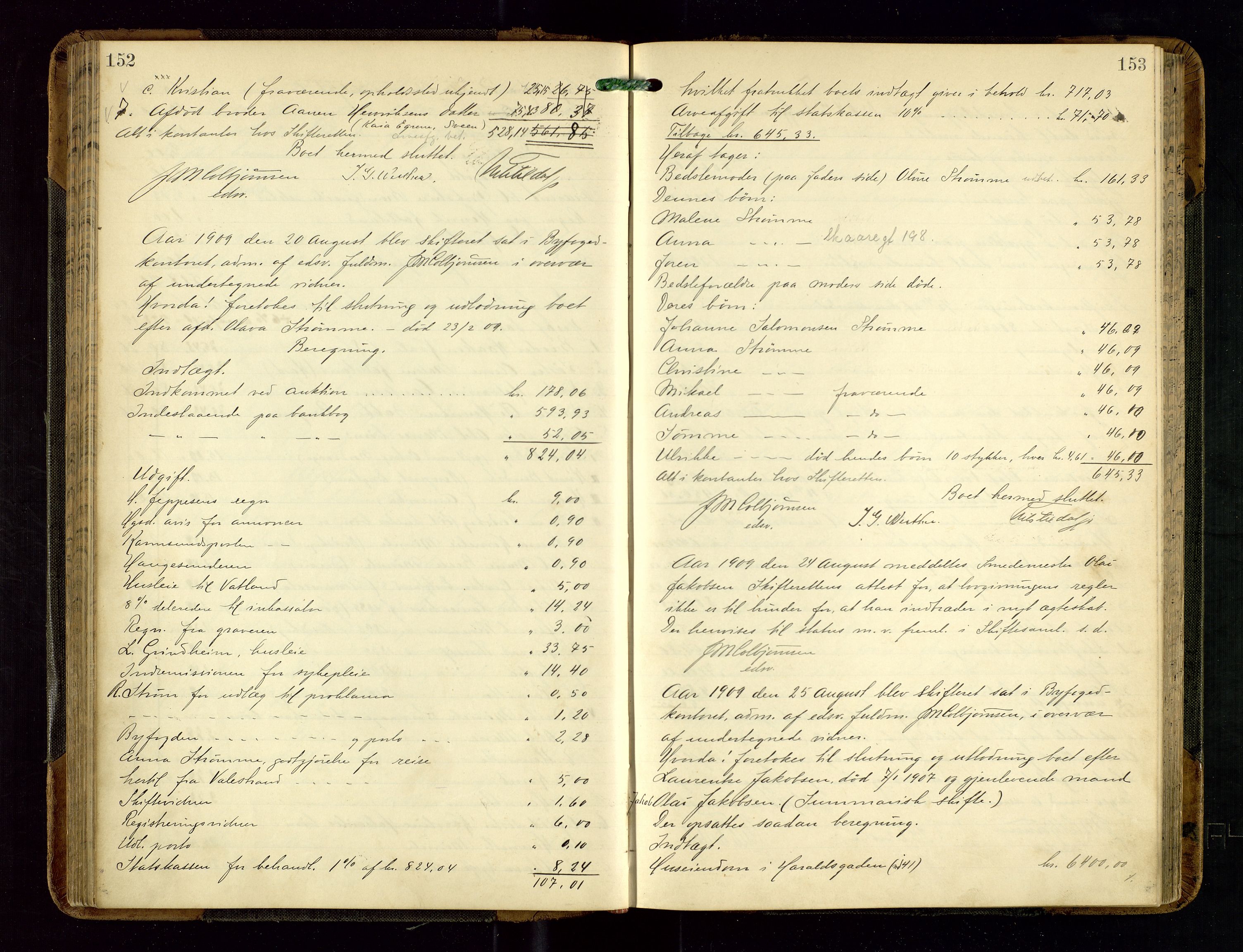 Haugesund tingrett, AV/SAST-A-101415/01/IV/IVD/L0002: Skifteutlodningsprotokoll, med register, 1904-1915, s. 152-153