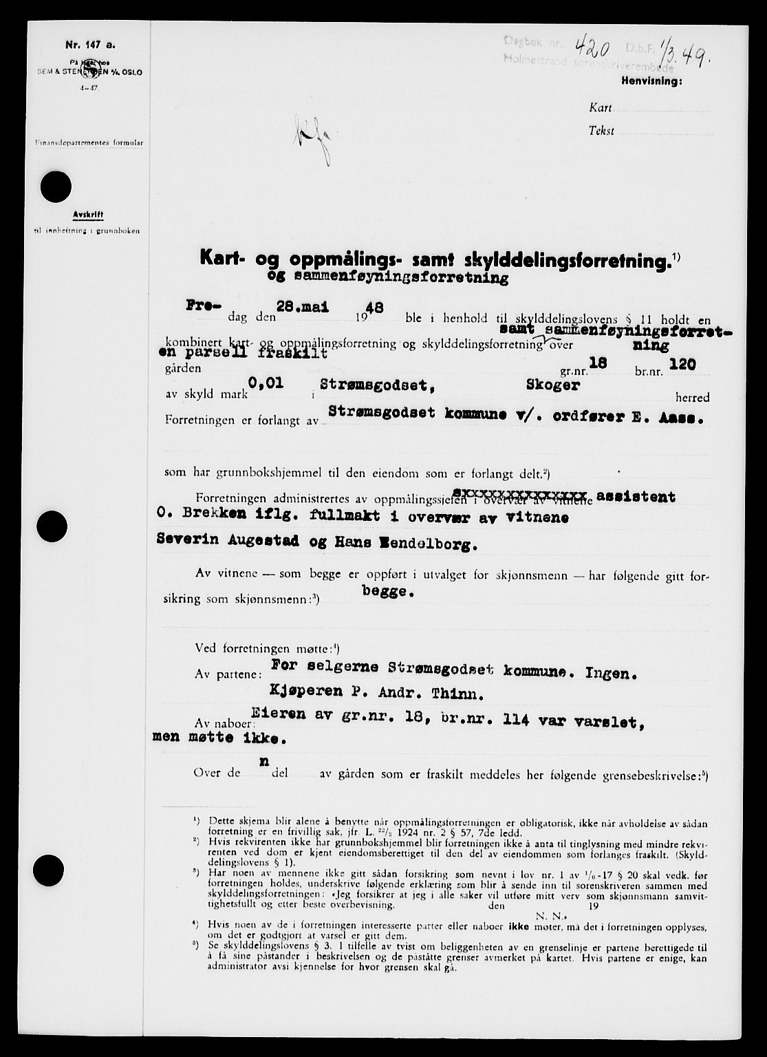 Holmestrand sorenskriveri, SAKO/A-67/G/Ga/Gaa/L0065: Pantebok nr. A-65, 1948-1949, Dagboknr: 420/1949