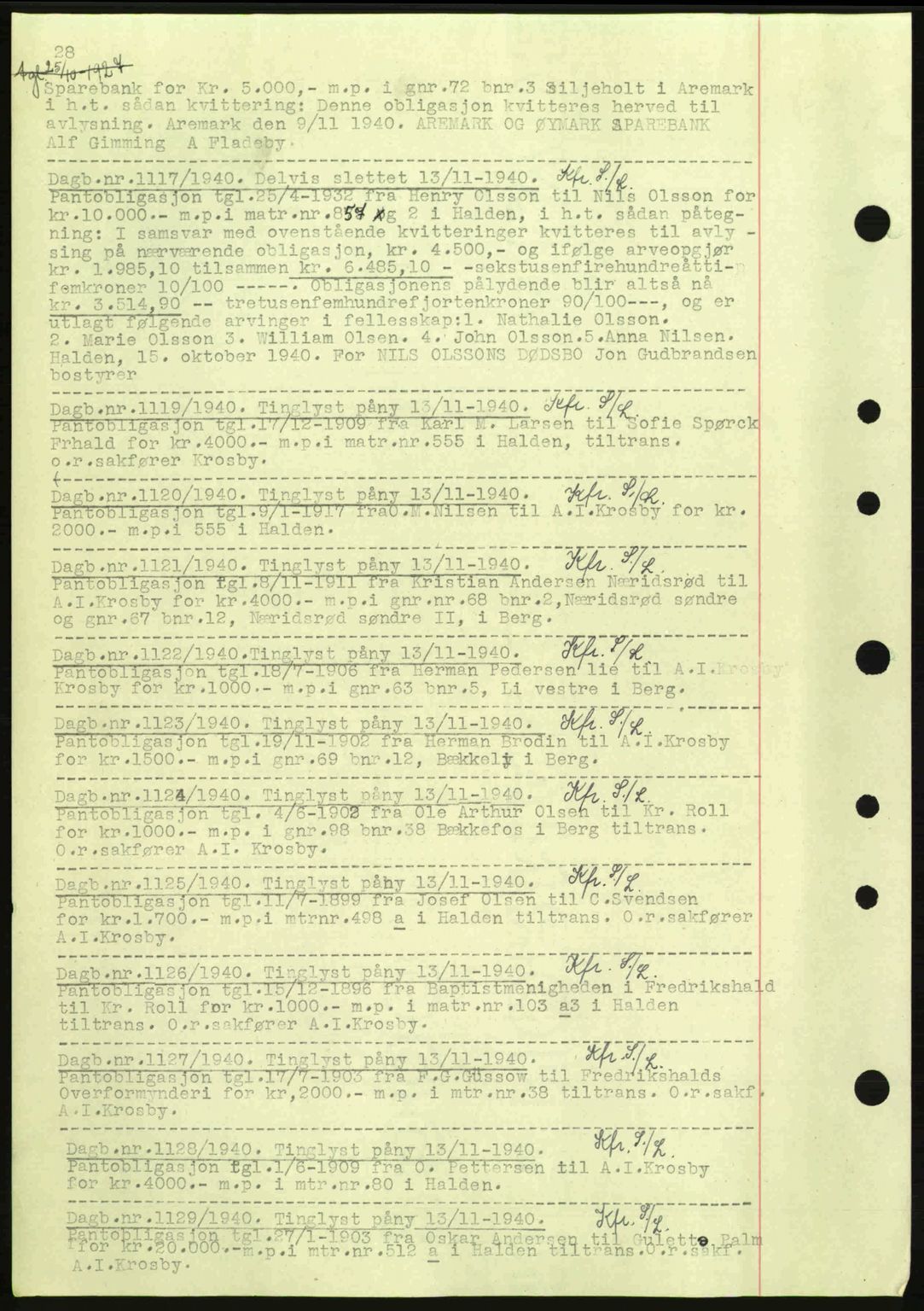 Idd og Marker sorenskriveri, AV/SAO-A-10283/G/Gb/Gbc/L0002: Pantebok nr. B4-9a, 1939-1945, Dagboknr: 1117/1940