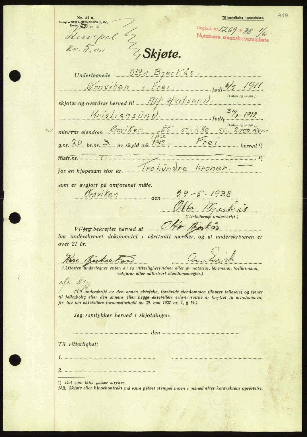Nordmøre sorenskriveri, AV/SAT-A-4132/1/2/2Ca: Pantebok nr. A83, 1938-1938, Dagboknr: 1269/1938