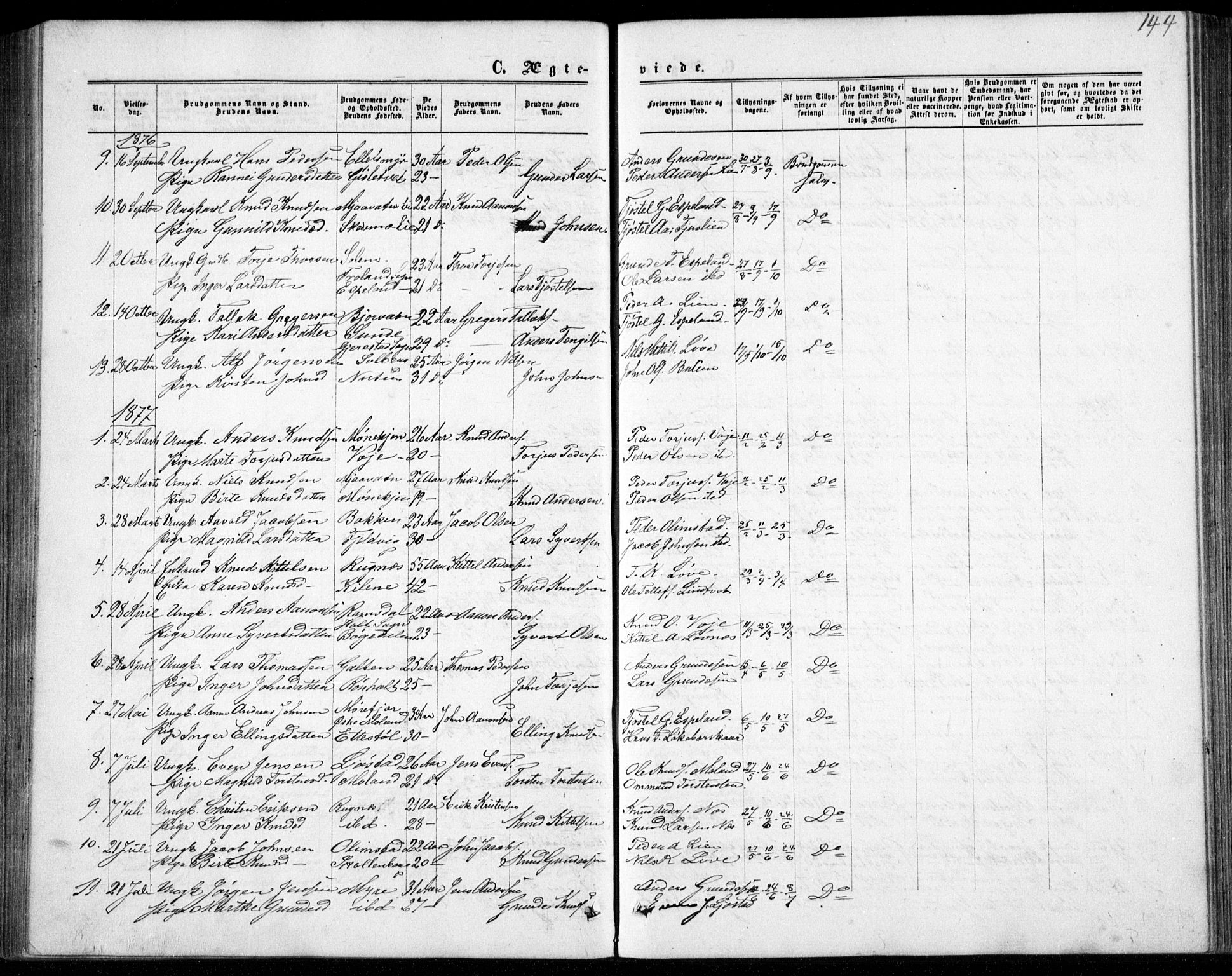 Gjerstad sokneprestkontor, SAK/1111-0014/F/Fb/Fbb/L0003: Klokkerbok nr. B 3, 1862-1889, s. 144