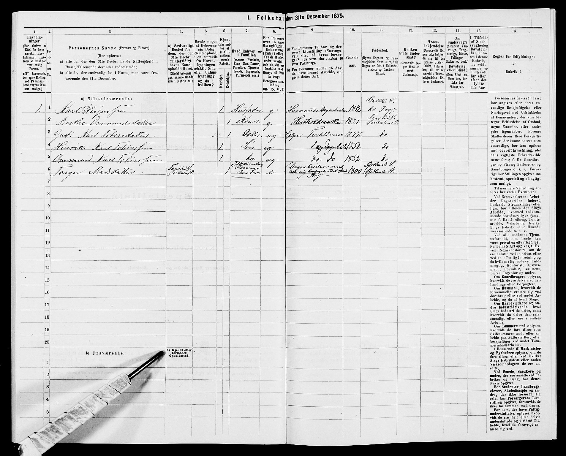 SAK, Folketelling 1875 for 1046P Sirdal prestegjeld, 1875, s. 329