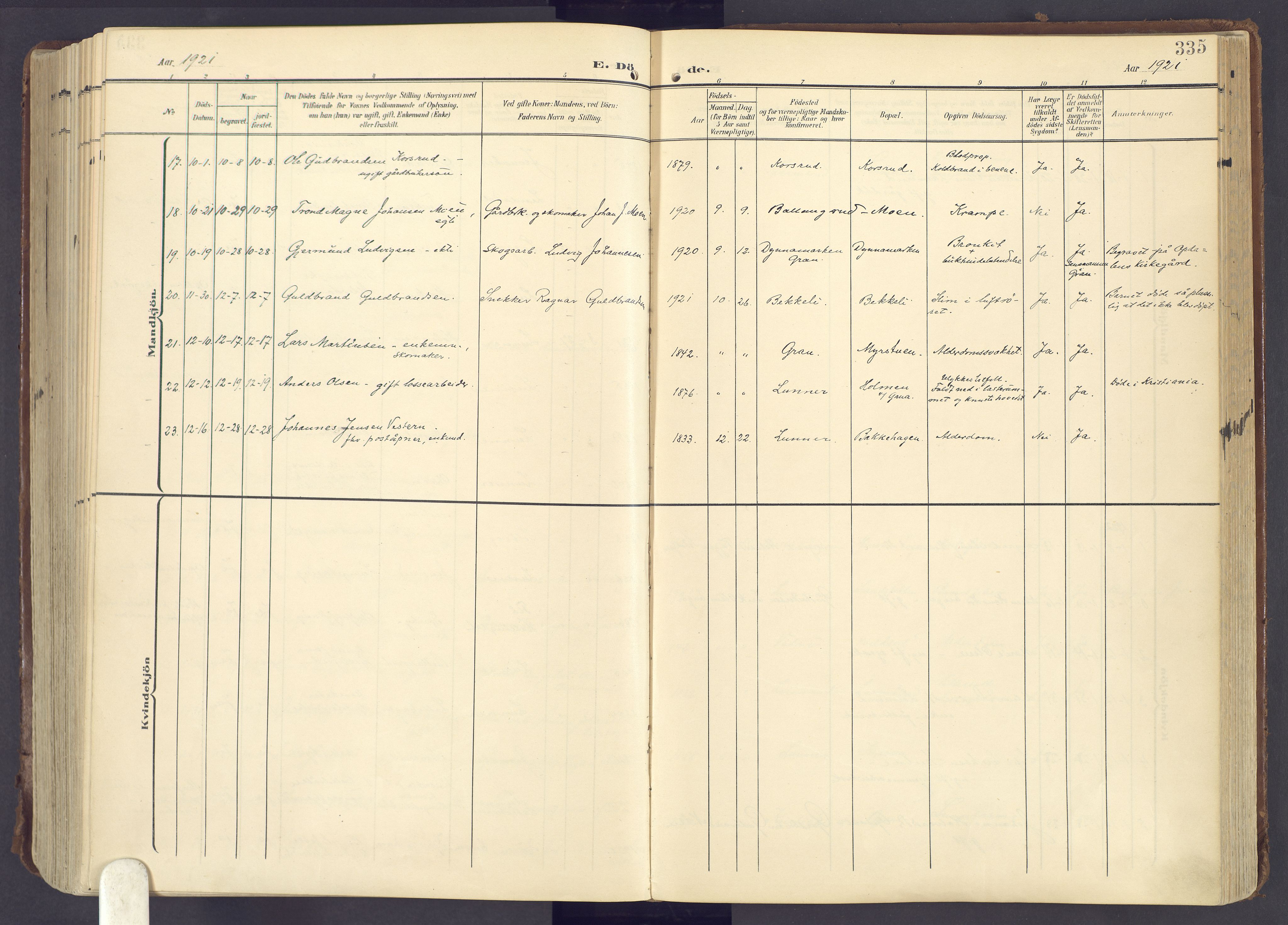 Lunner prestekontor, SAH/PREST-118/H/Ha/Haa/L0001: Ministerialbok nr. 1, 1907-1922, s. 335