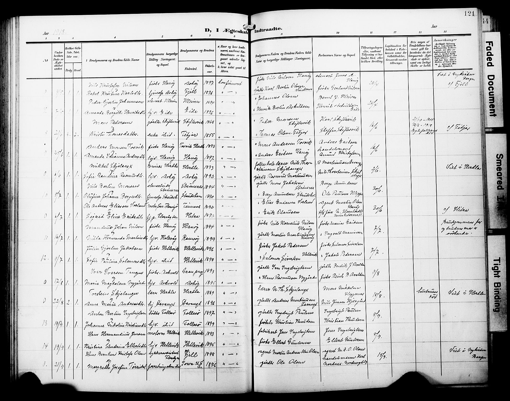 Askøy Sokneprestembete, AV/SAB-A-74101/H/Ha/Hab/Haba/L0014: Klokkerbok nr. A 14, 1904-1927, s. 121