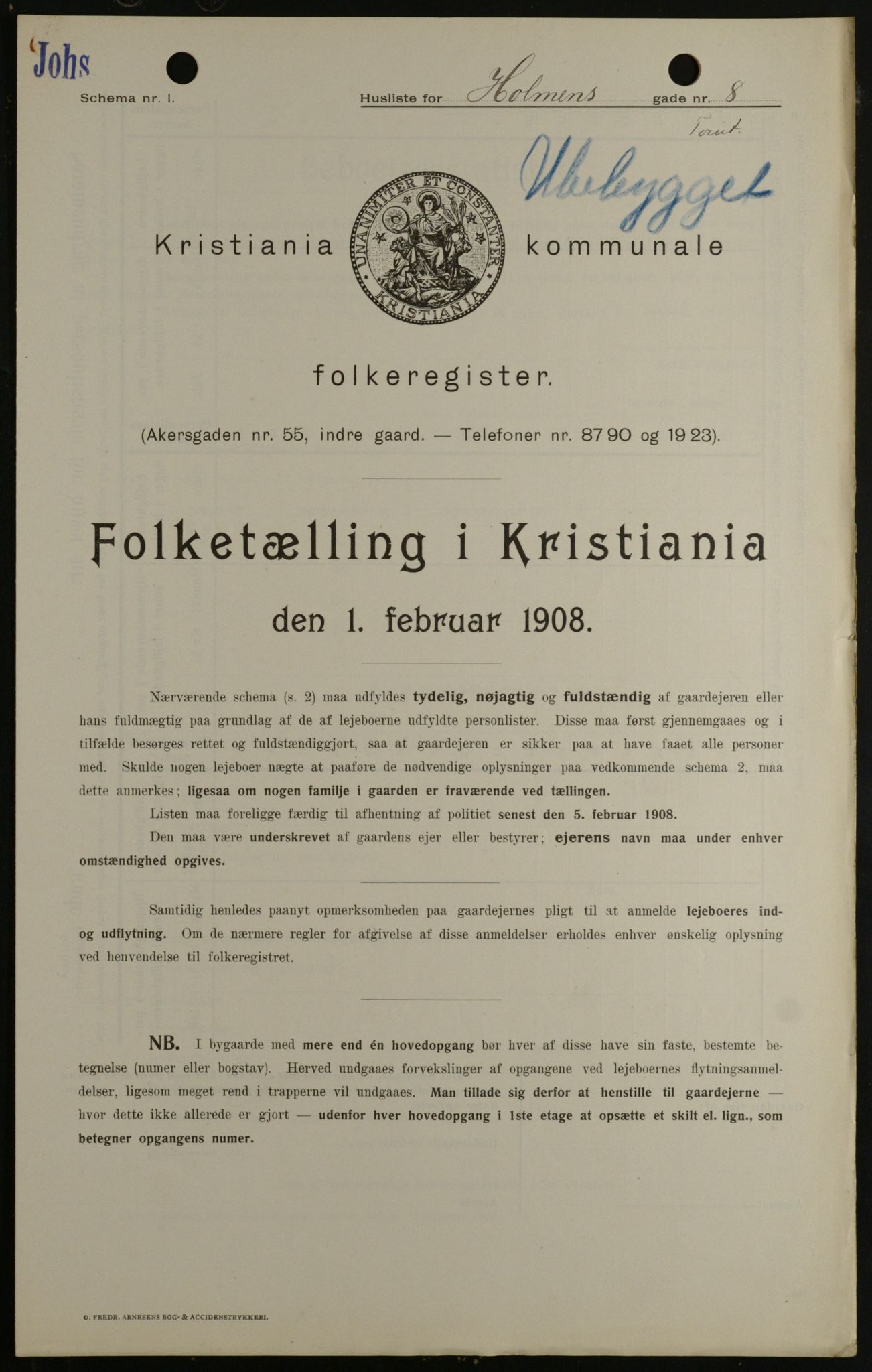 OBA, Kommunal folketelling 1.2.1908 for Kristiania kjøpstad, 1908, s. 36784