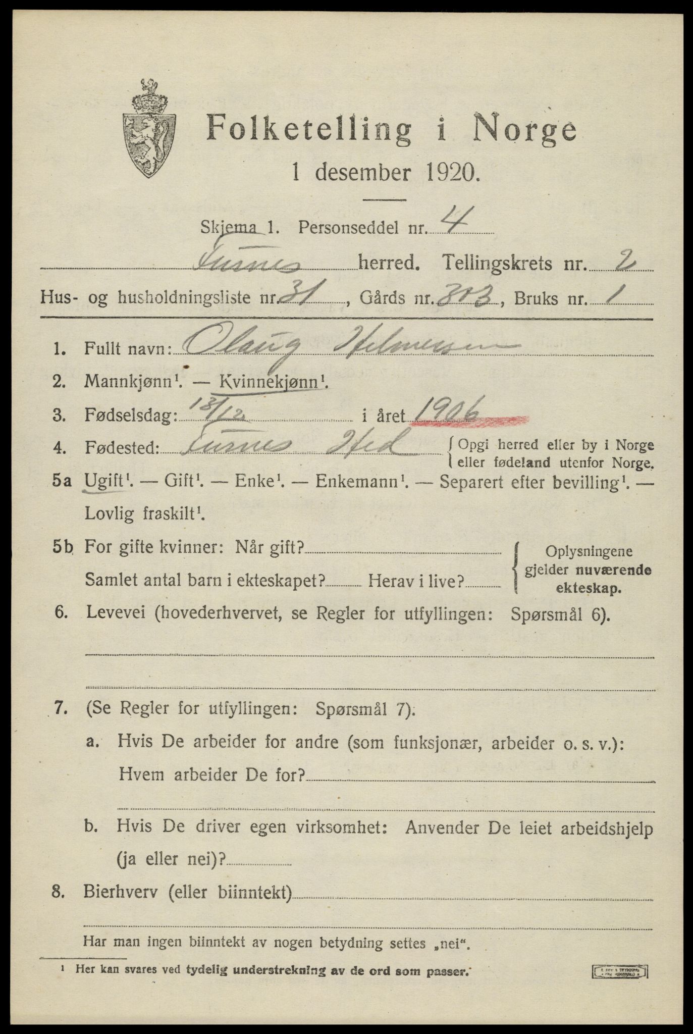 SAH, Folketelling 1920 for 0413 Furnes herred, 1920, s. 3423