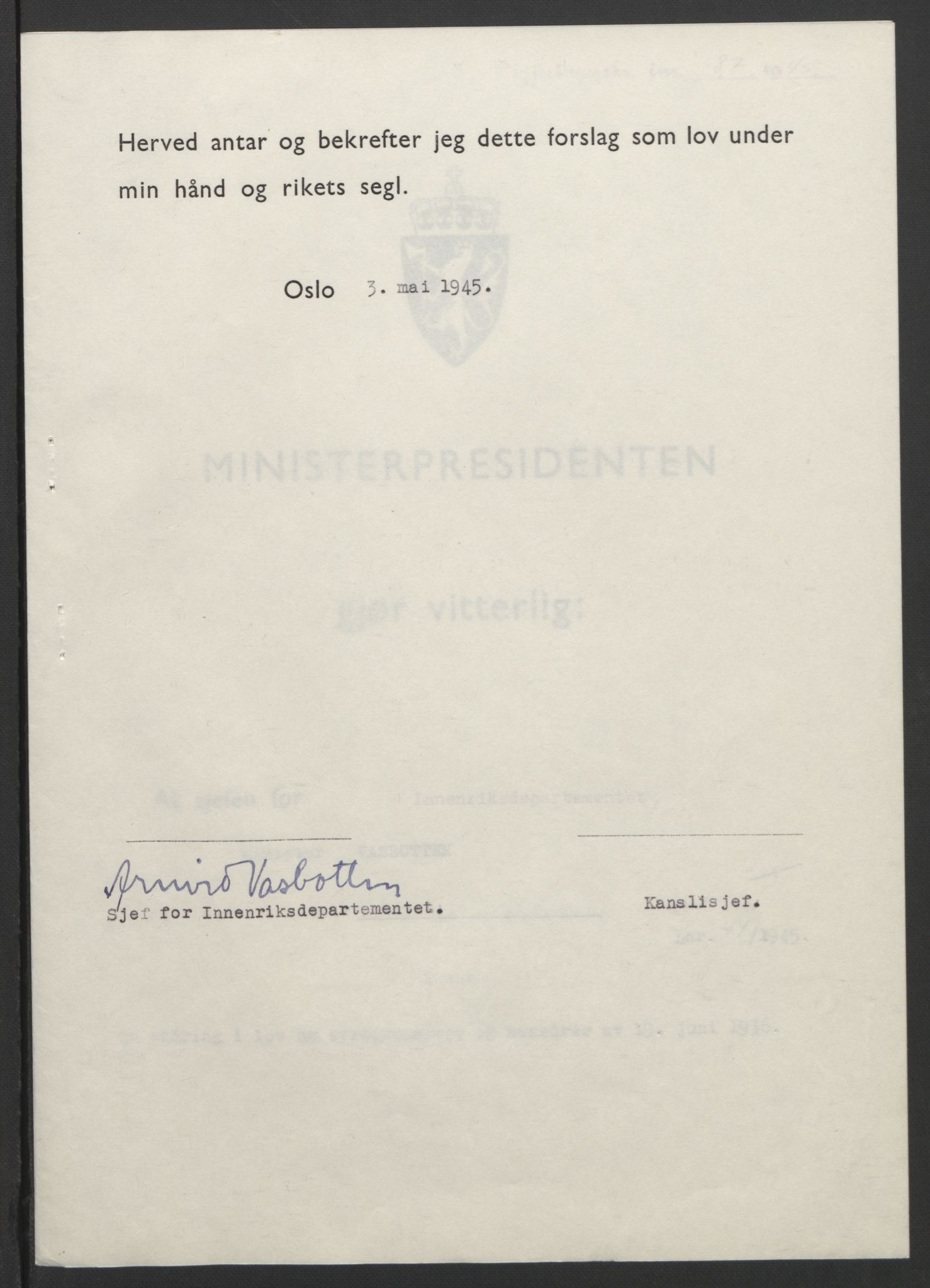 NS-administrasjonen 1940-1945 (Statsrådsekretariatet, de kommisariske statsråder mm), RA/S-4279/D/Db/L0101/0001: -- / Lover og vedtak, 1945, s. 181