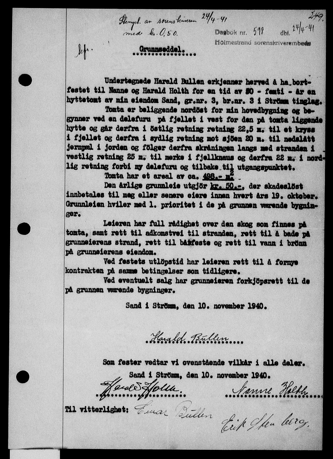 Holmestrand sorenskriveri, SAKO/A-67/G/Ga/Gaa/L0053: Pantebok nr. A-53, 1941-1941, Dagboknr: 598/1941