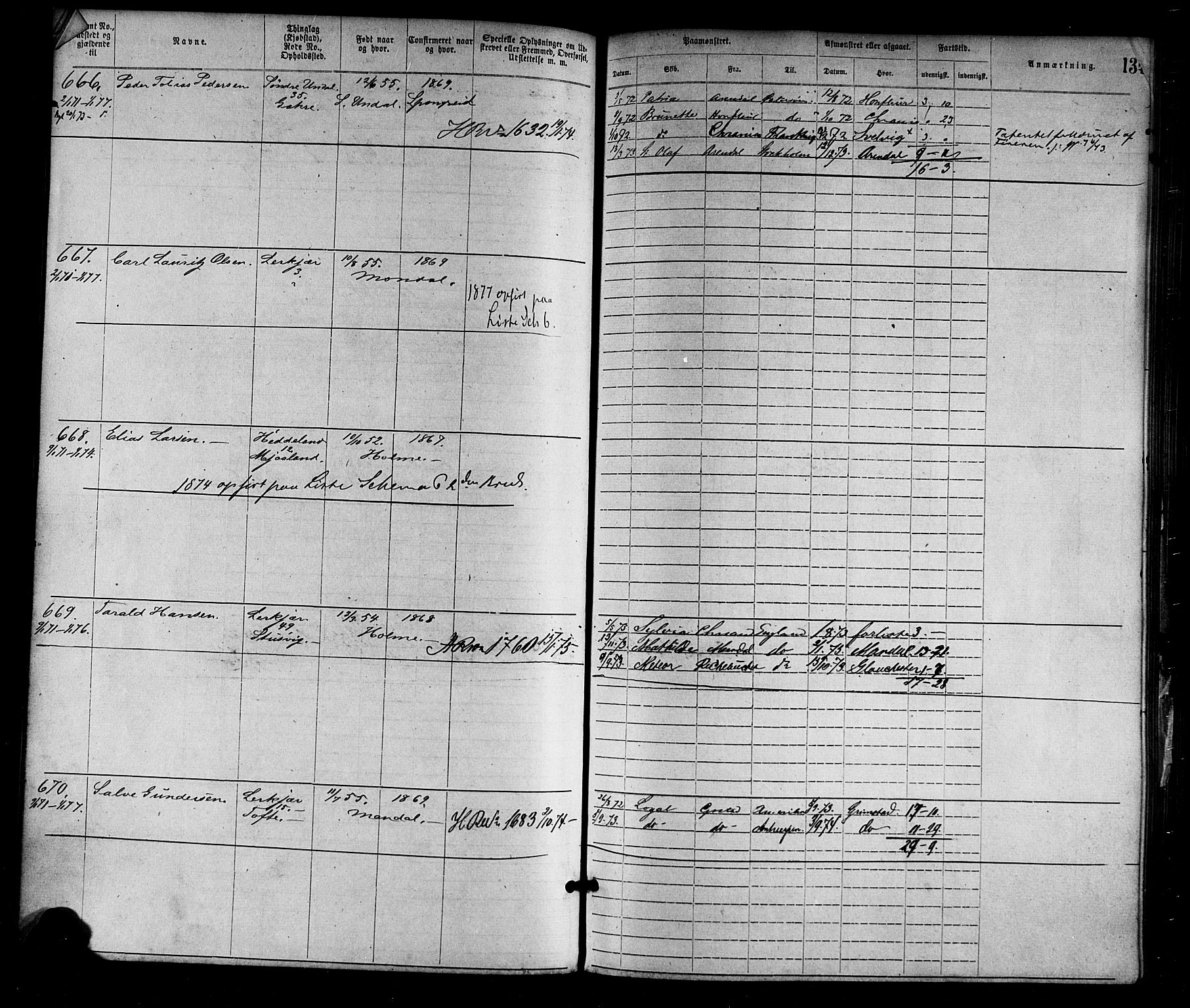 Mandal mønstringskrets, SAK/2031-0016/F/Fa/L0001: Annotasjonsrulle nr 1-1920 med register, L-3, 1869-1881, s. 165