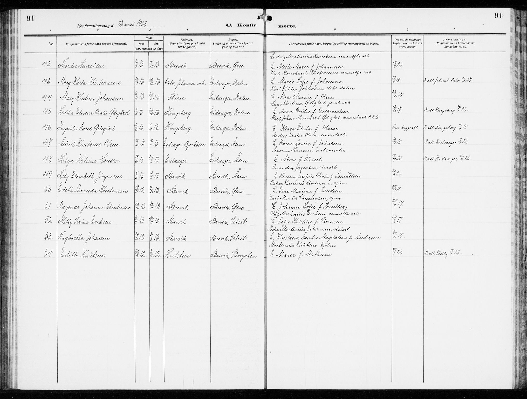 Brevik kirkebøker, AV/SAKO-A-255/G/Ga/L0006: Klokkerbok nr. 6, 1922-1940, s. 91