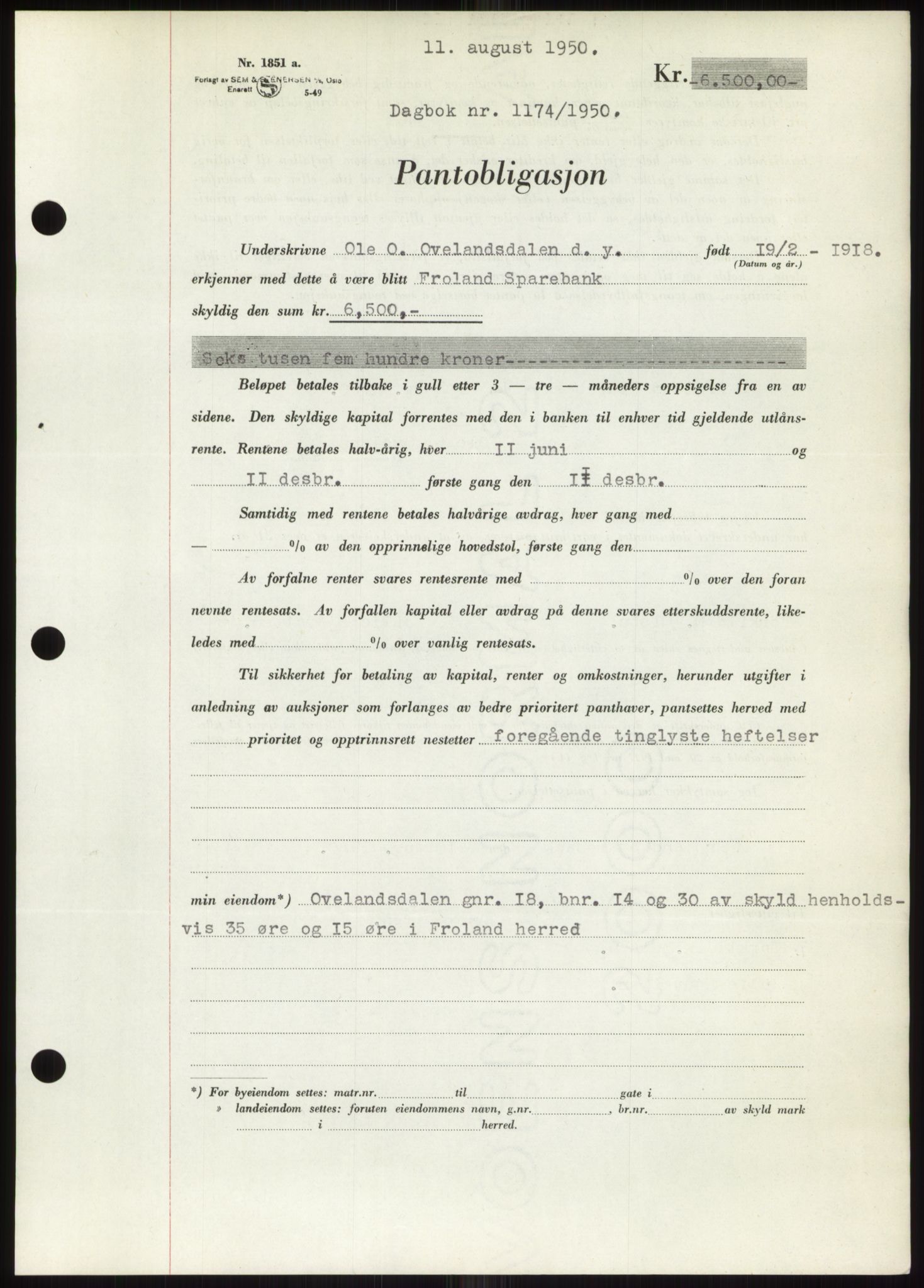 Nedenes sorenskriveri, SAK/1221-0006/G/Gb/Gbb/L0008: Pantebok nr. B8, 1950-1950, Dagboknr: 1174/1950